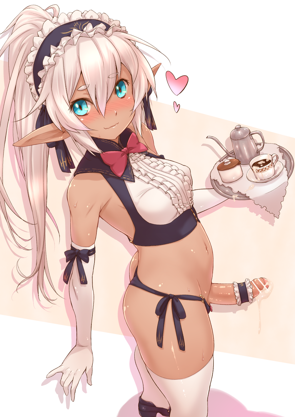 1futa aqua_eyes ass ball_bulge bar_censor bare_shoulders big_penis blue_eyes blush bow bowtie breasts censored clothed clothing cum_in_coffee cum_in_container cum_in_cup cup dark-skinned_futanari dark_skin elbow_gloves elf erection exc_heaven foot_out_of_frame foreskin from_above from_side futa_only futanari gloves hair_between_eyes heart highres holding holding_tray humanoid humanoid_penis intact long_hair looking_at_viewer maid maid_headdress medium_breasts mostly_nude navel nose_blush original panties partially_retracted_foreskin penis penis_garter penis_out pointy_ears red_bow red_bowtie side-tie_panties smooth_penis solo standing teacup teapot thighhighs toony tray uncut underwear white_gloves white_hair white_thighhighs