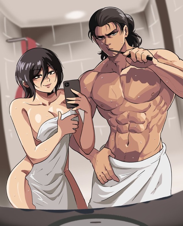 1boy 1girls after_sex attack_on_titan bathroom big_breasts curvy_female eren_jaeger female happy_female mikasa_ackerman mirror mirror_selfie muscular muscular_male pecs phone plump selfie shingeki_no_kyojin shower smile smiling taking_selfie tinafate1 toothbrush towel towel_around_waist wet