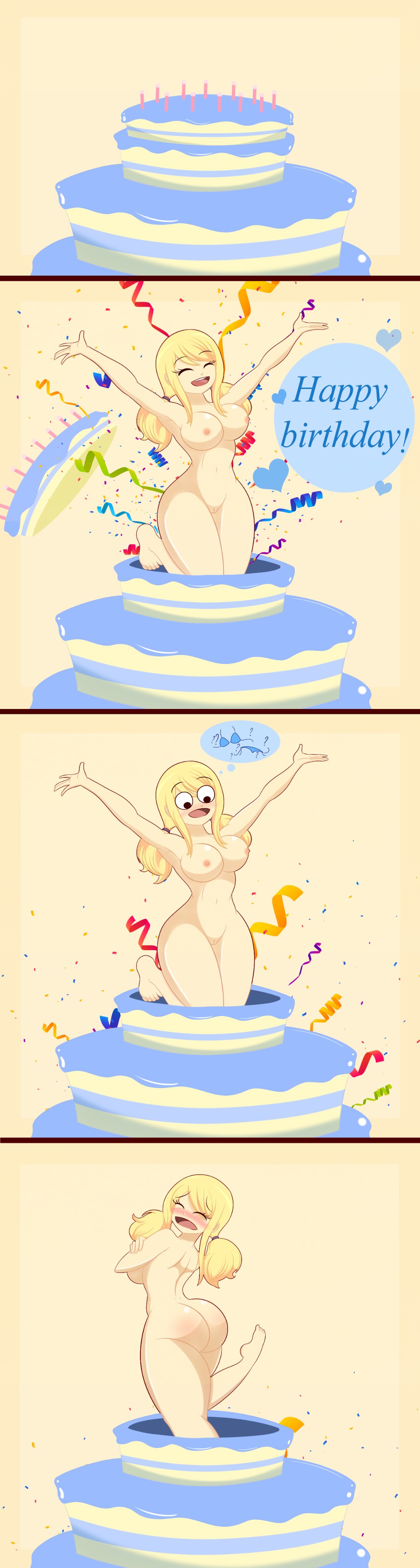 abstract_background absurd_res birthday birthday_cake birthday_suit blonde_hair blush cake cake_stripper candle candles coming_out_of_cake confetti confusion embarrassed embarrassed_female embarrassed_nude_female enf fairy_tail jumping_out_of_a_cake limbros lucy_heartfilia naked naked_female nipples nude nude_female popping_out_of_cake pussy simple_background smile solo tagme