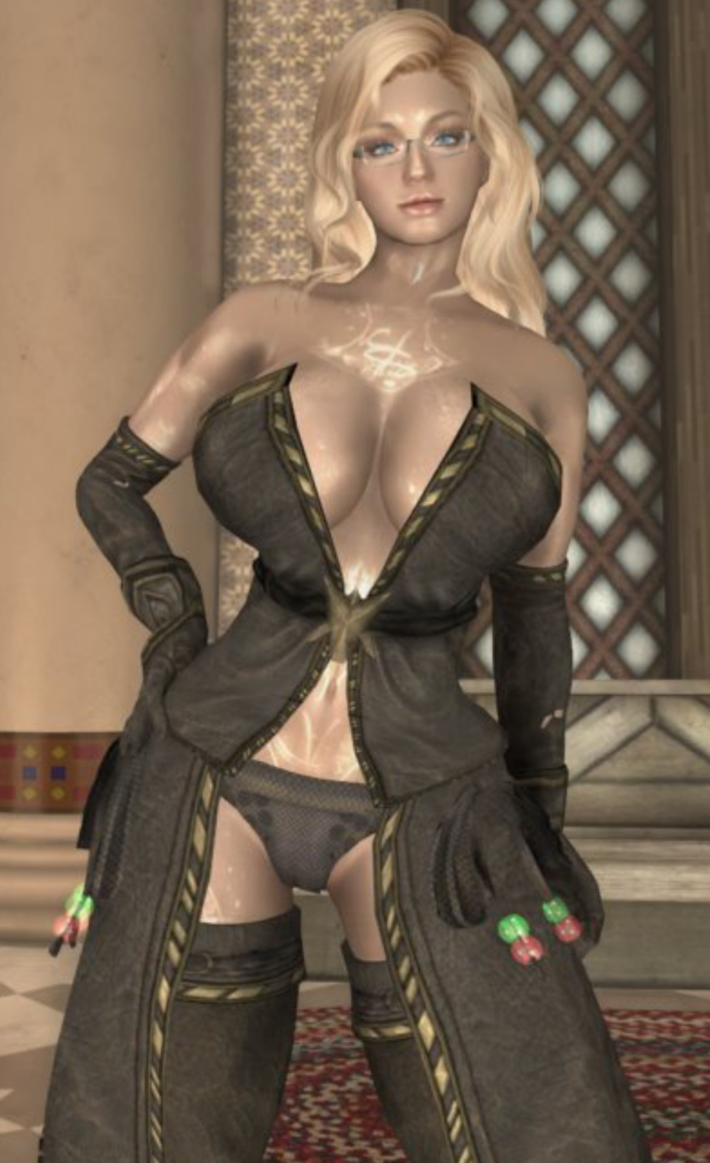 3d big_ass big_breasts blonde_hair blue_eyes cosplay dommy_mommy elf_orc_lunaire glasses huge_ass huge_breasts large_ass large_breasts rebecca_(original_character) seductive skyrim tagme the_elder_scrolls