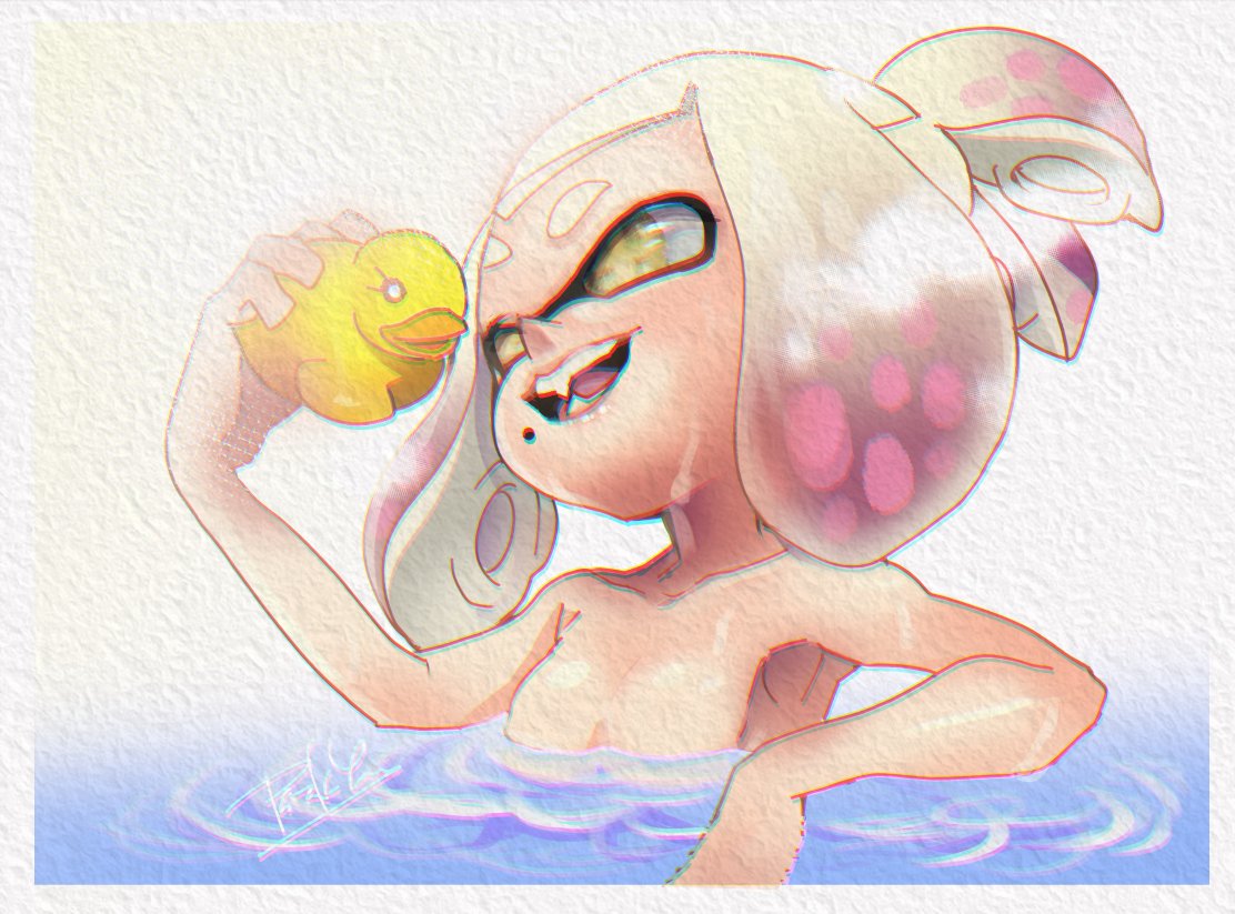 2girls bathing female mole_under_mouth nude pearl_(splatoon) ponytail pseudo_hair rubber_duck splatoon splatoon_2 upper_body wet white_hair zeicomi100yen