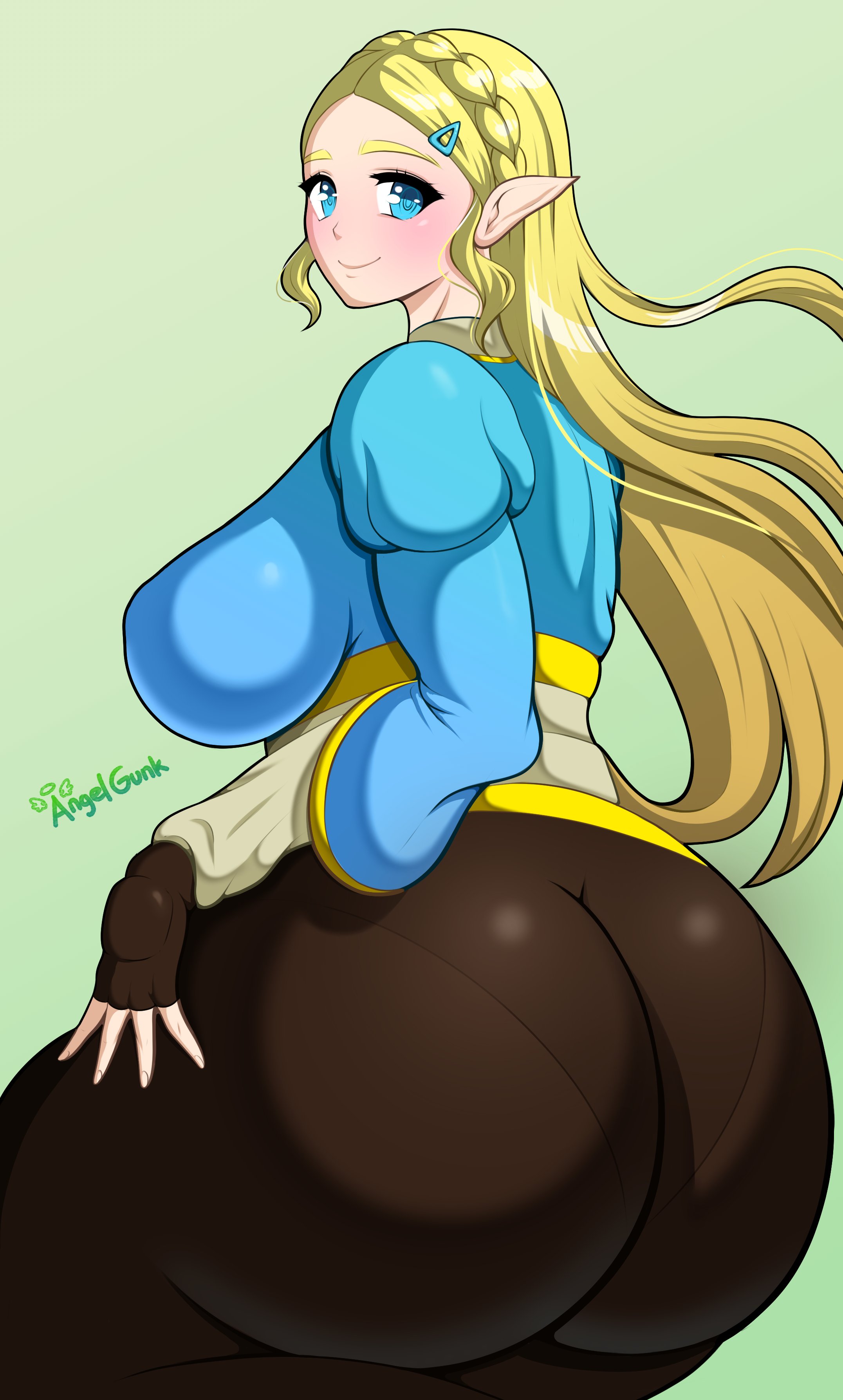 1girls, angelgunk, ass, ass focus, big ass, big breasts, big butt, blonde hair, breasts, breath of the wild, clothed, clothing, female, female only, fingerless gloves, gloves, green eyes, kneeling, large ass, long hair, looking at viewer, looking back, nintendo, pointy ears, princess zelda, simple background, smile, solo, solo female, the legend of zelda, voluptuous, zelda (breath of the wild)