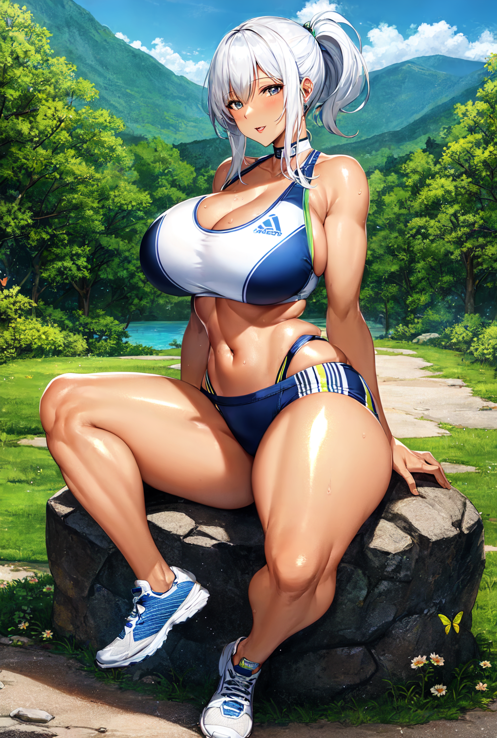 1girls, ai generated, curvaceous, curvy body, curvy female, curvy figure, female, female focus, female only, gym, gym uniform, highres, mature female, milf, older female, original character, silver hair, stable diffusion, white hair