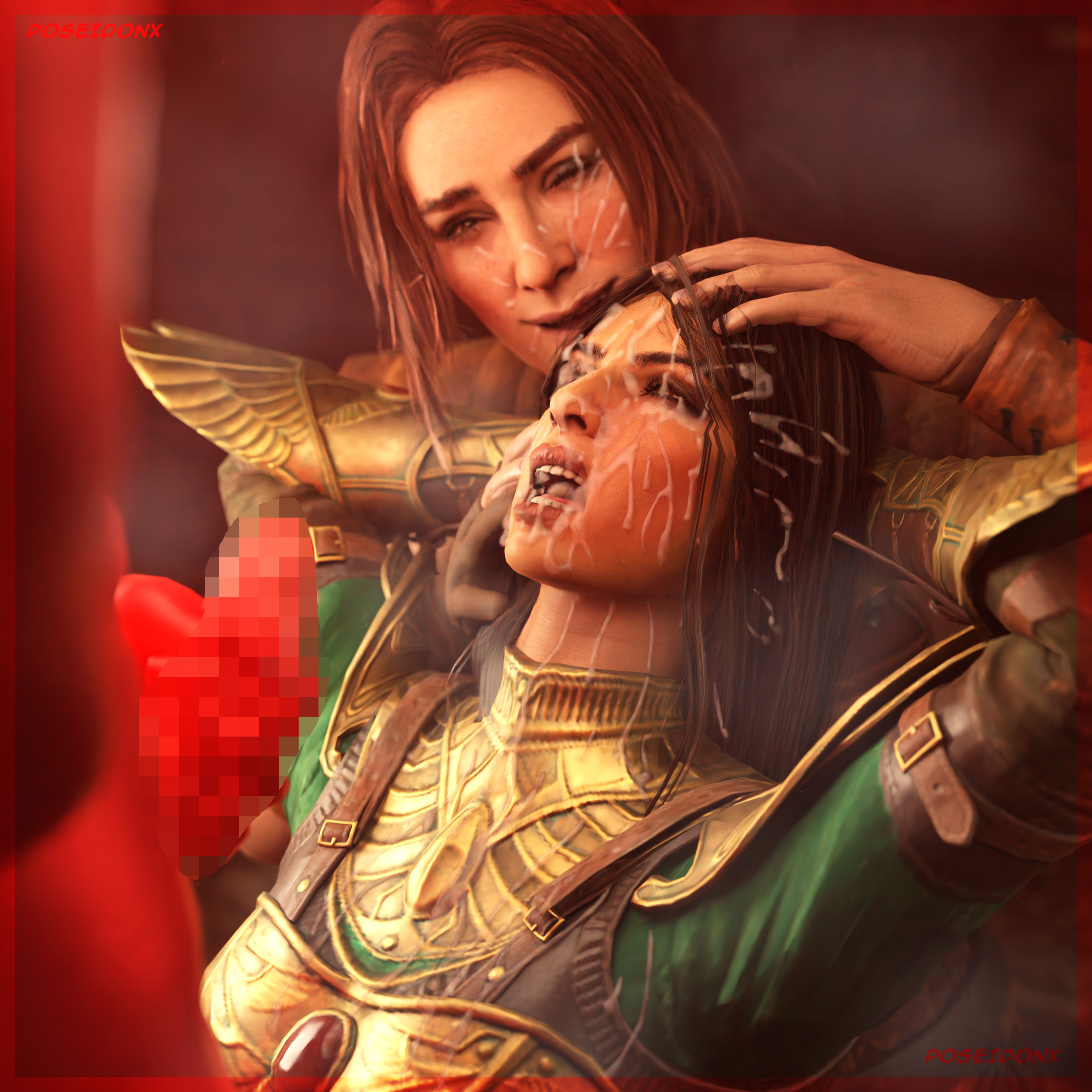 black hair, brown hair, brown skin, cum on face, cumshot, demon, diablo, diablo 2, facial, female, flavie (diablo), holding head, long hair, male, mosaic censoring, ponytail, poseidonx, red skin, sorceress (diablo), threesome