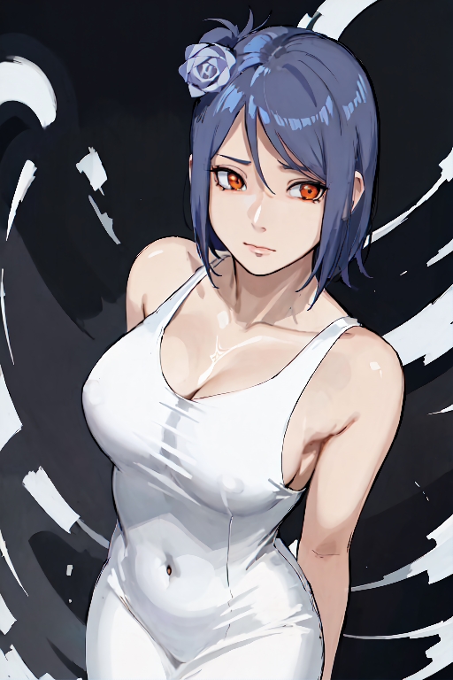 1girls, ai generated, aikoi, alternate costume, blue hair, blush, dress, embarrassed, female, female only, flower, flower in hair, konan, long hair, looking at viewer, naruto, naruto (series), naruto shippuden, nipples, orange eyes, puffy nipples, solo, solo focus, visible nipples