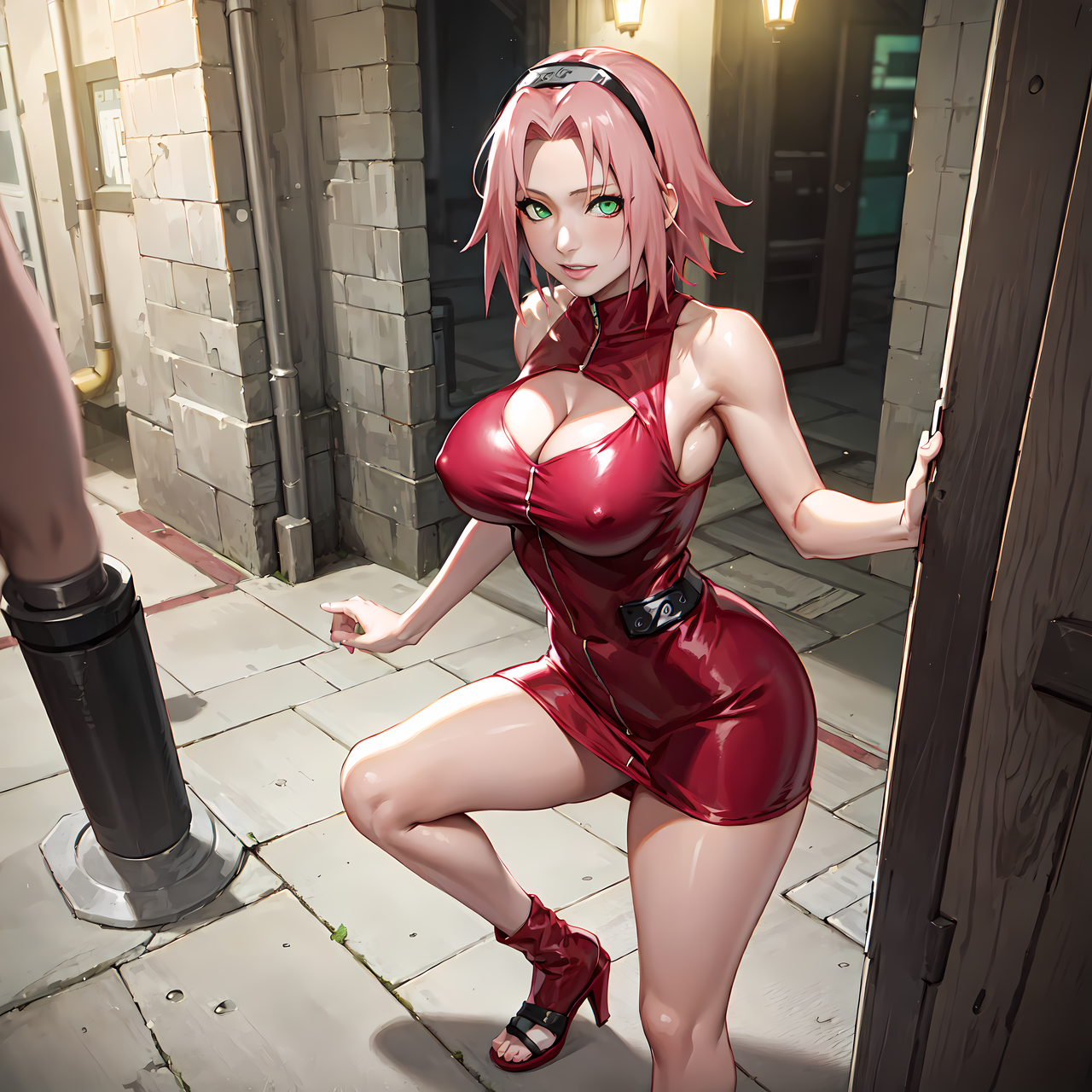 1girls, adapted costume, ai generated, bare chest, bare shoulders, big breasts, breasts, center opening, dress, female, female only, green eyes, hourglass figure, huge breasts, latex, leather, leather clothing, looking at viewer, minidress, nai diffusion, naruto, naruto (series), naruto shippuden, pink hair, sakura haruno, smile, solo, solo focus, stable diffusion, voluptuous