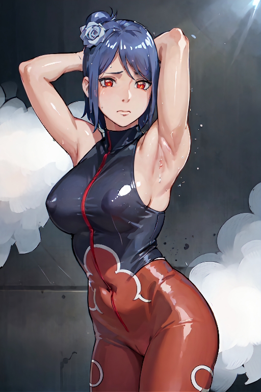 1girls, adapted costume, ai generated, aikoi, akatsuki (naruto), armpits, blue hair, blush, cameltoe, embarrassed, female, female only, flower, flower in hair, konan, long hair, looking at viewer, naruto, naruto (series), naruto shippuden, nipples, orange eyes, puffy nipples, pussy, solo, solo focus, sweat, visible nipples
