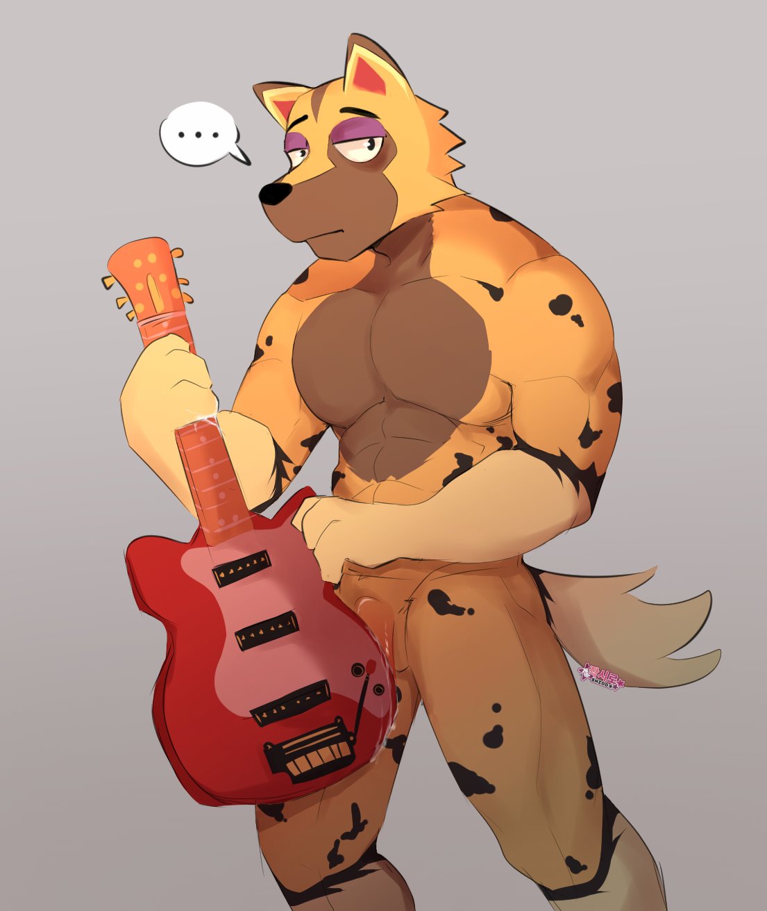 2023 abs animal_crossing anthro balls barely_visible_balls barely_visible_genitalia barely_visible_penis bodily_fluids canid canine canis convenient_censorship cum cum_on_guitar cum_on_hand cum_on_object dialogue_box ellipsis eyebrows frown fur genital_fluids genitals grey_background guitar hi_res holding_guitar holding_object jagshiro kyle_(animal_crossing) male mammal muscular muscular_anthro muscular_male musical_instrument narrowed_eyes nintendo nude pecs penis plucked_string_instrument simple_background solo standing string_instrument tuft watermark wolf