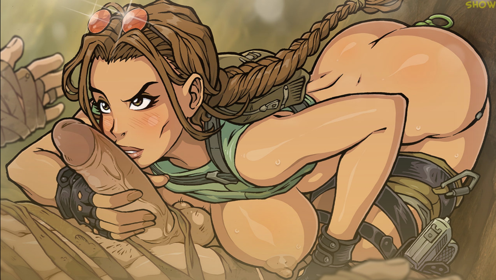 akabur, ass, big ass, big breasts, blowjob, breasts, eyewear on head, female, handjob, lara croft, lara croft (classic), large breasts, male, partial male, screencap, sunglasses on head, tomb raider, tomb raider (classic)