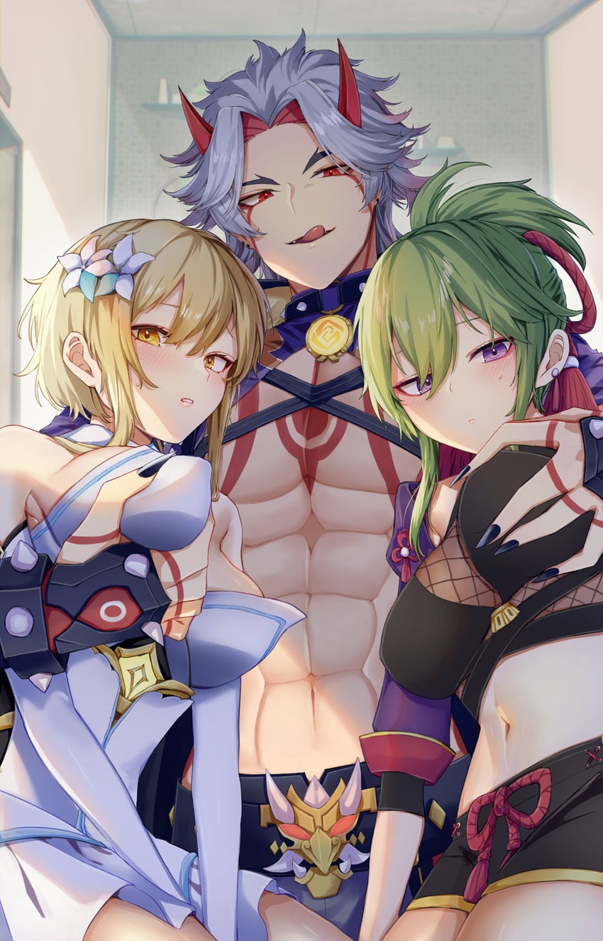 1boy, 2girls, abs, arataki itto, black nails, blonde hair, breast grab, breasts, female, flower in hair, genshin impact, green hair, hard nipples, horn, hoyoverse, huge breasts, kuki shinobu, licking lips, long nails, lumine (genshin impact), male, oni, oni horns, purple eyes, red eyes, white hair, yellow eyes
