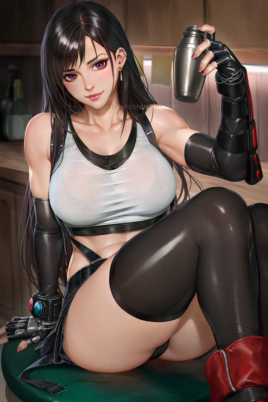 1girls beer_bottle black_hair crop_top earring female female_only final_fantasy final_fantasy_vii final_fantasy_vii_remake fingerless_gloves fully_clothed image_set long_hair looking_at_viewer miniskirt neoartcore no_shoes nudtawut_thongmai poker_chips red_eyes sitting sitting_on_table skirt solo sports_bra square_enix suspenders tagme thigh_highs thighhighs tifa_lockhart toned_female