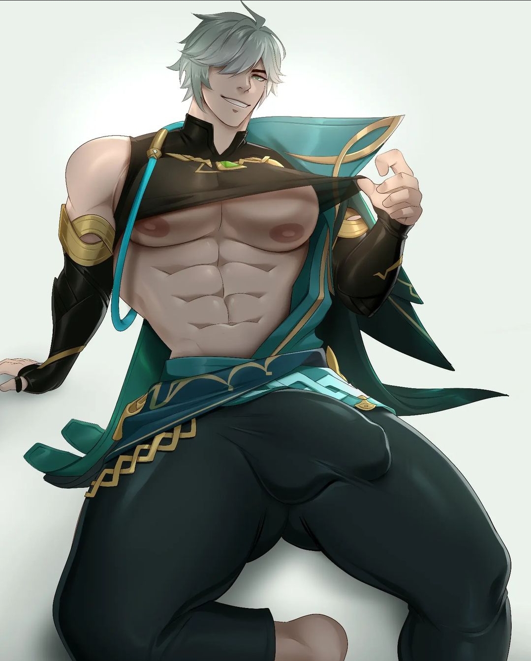 1boy, alhaitham (genshin impact), big pecs, bulge, erection, gasaiv, gay, genshin impact, hyper, hyper penis, male, male only, muscles, muscular, muscular male, penis, solo male