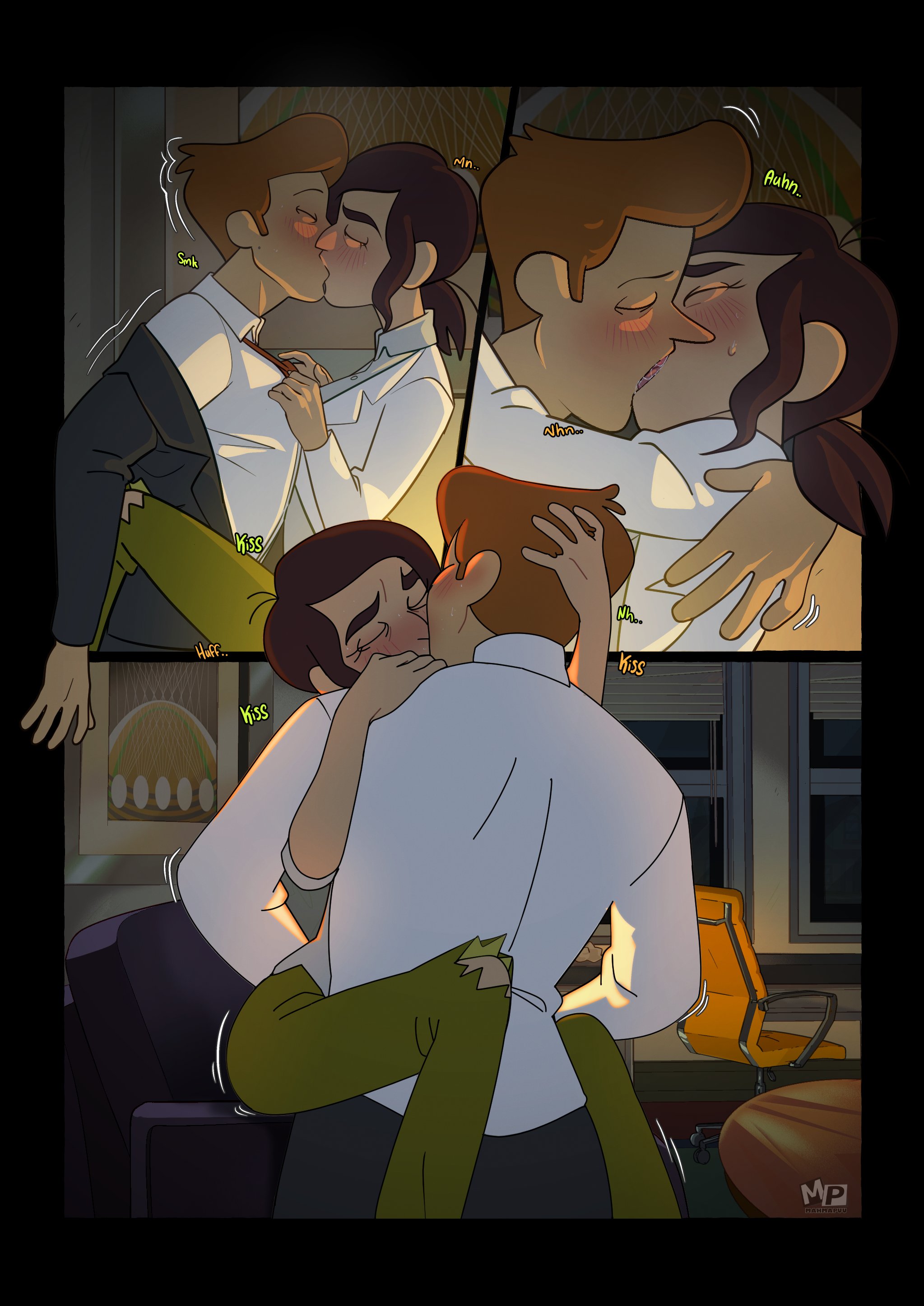 1boy, 1girls, brett hand, caressing, comic, couple, female, indoors, inside job, kissing, mahmapuu, male, passionate, passionate kiss, reagan ridley, straddling, text bubble, undressing, wholesome