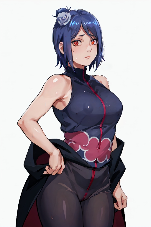 1girls, adapted costume, ai generated, aikoi, akatsuki (naruto), blue hair, blush, dress, dress lift, embarrassed, female, female only, flower, flower in hair, konan, long hair, looking at viewer, naruto, naruto (series), naruto shippuden, nipples, orange eyes, puffy nipples, solo, solo focus, sweat, visible nipples