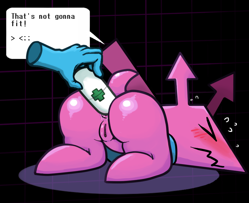 ambiguous_gender anal anal_sex anonymous_artist anthro anus armless arrow_(anatomy) ass ass_up big_butt blue_clothing blue_shirt blue_topwear blush bodily_fluids closed_eyes clothing darkner deltarune drugs duo female genital_fluids genitals human mammal monster penetration pills pink_body pussy shirt short_stack simple_background speech_bubble suppository sweat text topwear undertale_(series) virovirokun