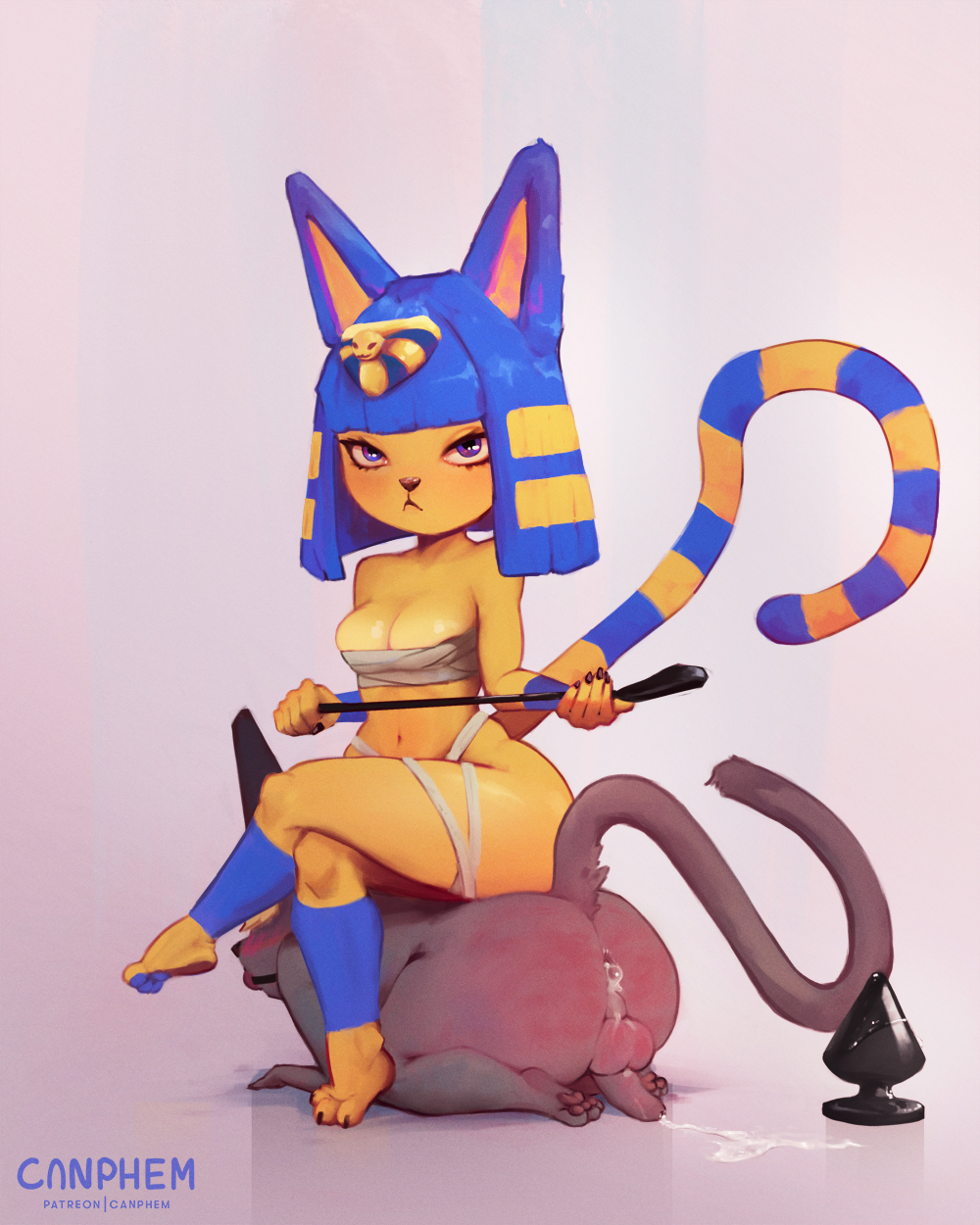 animal_crossing ankha ankha_(animal_crossing) anthro anus ass ass_up ball_gag balls big_breasts blonde_hair blue_hair blush bodily_fluids breasts buttplug canphem clothing crossed_legs cum cum_in_ass cum_inside cum_on_ground cum_on_penis digital_media_(artwork) domestic_cat dominant dominant_female dominatrix duo egyptian felid feline felis female femdom foreskin fur gag gaping genital_fluids genitals girly grey_body grey_fur hair hi_res humanoid_genitalia humanoid_penis looking_at_viewer male male/female mammal markings nintendo nude pawpads paws penis plug_(sex_toy) presenting presenting_hindquarters raised_tail raymond_(animal_crossing) riding_crop sex_toy simple_background sitting sitting_on_another sitting_on_back small_penis spank_marks striped_markings striped_tail stripes submissive submissive_male tail tail_markings thick_thighs whip yellow_body