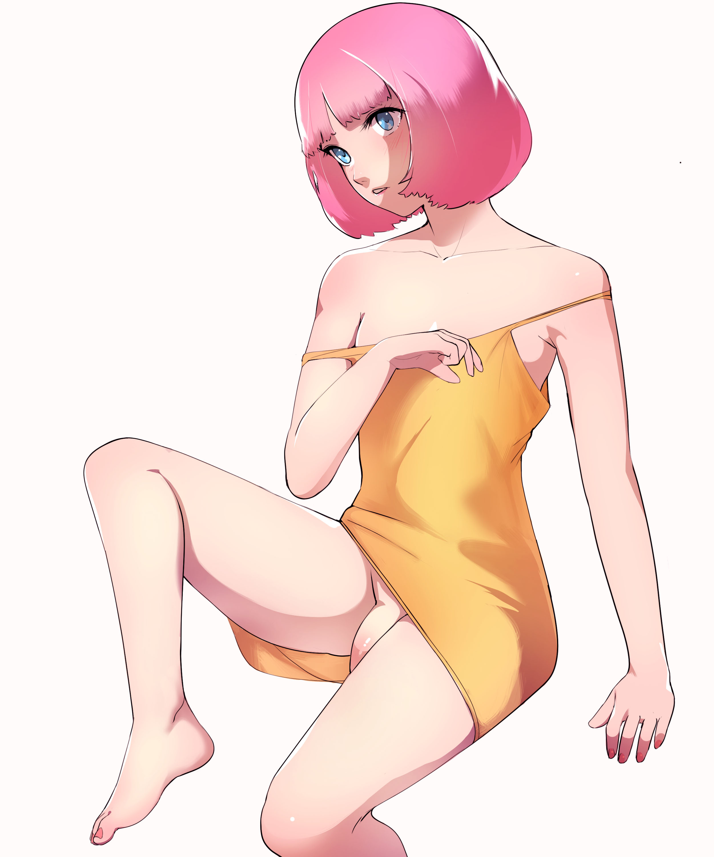 absurd res, blue eyes, casual, catherine (game), clothing, crossdressing, feet, femboy, gwensoftpinktoes, human, male, pale skin, penis, pink hair, rin (catherine), self upload, yellow dress