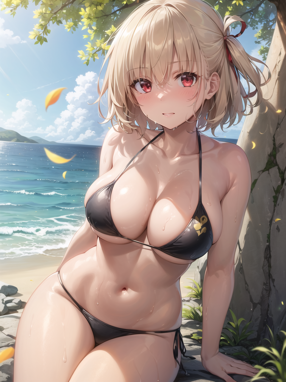 1girls, ai generated, arm support, big breasts, bikini, blonde hair, breasts, busty, cleavage, curvy body, curvy female, curvy figure, female, large breasts, latex bikini, lycoris recoil, navel, nishikigi chisato, red eyes, seductive, seductive look, sensual, short hair, stable diffusion, sweat, thong bikini, voluptuous female
