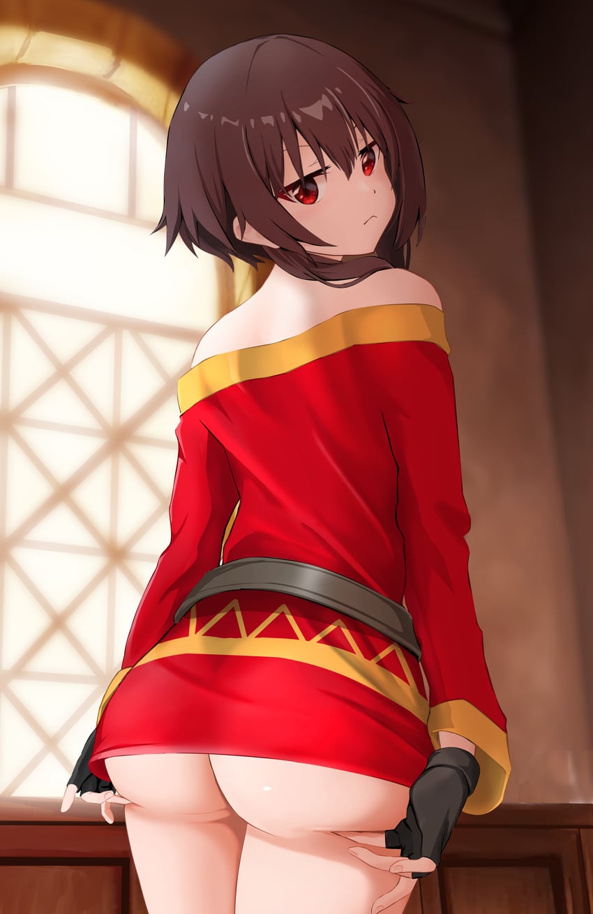 1girls ass ass_support bare_shoulders belt bottomless brown_hair dress fingerless_gloves gibun_(sozoshu) indoors kono_subarashii_sekai_ni_shukufuku_wo! looking_at_viewer looking_back megumin microdress no_panties partially_clothed presenting presenting_ass red_eyes short_hair