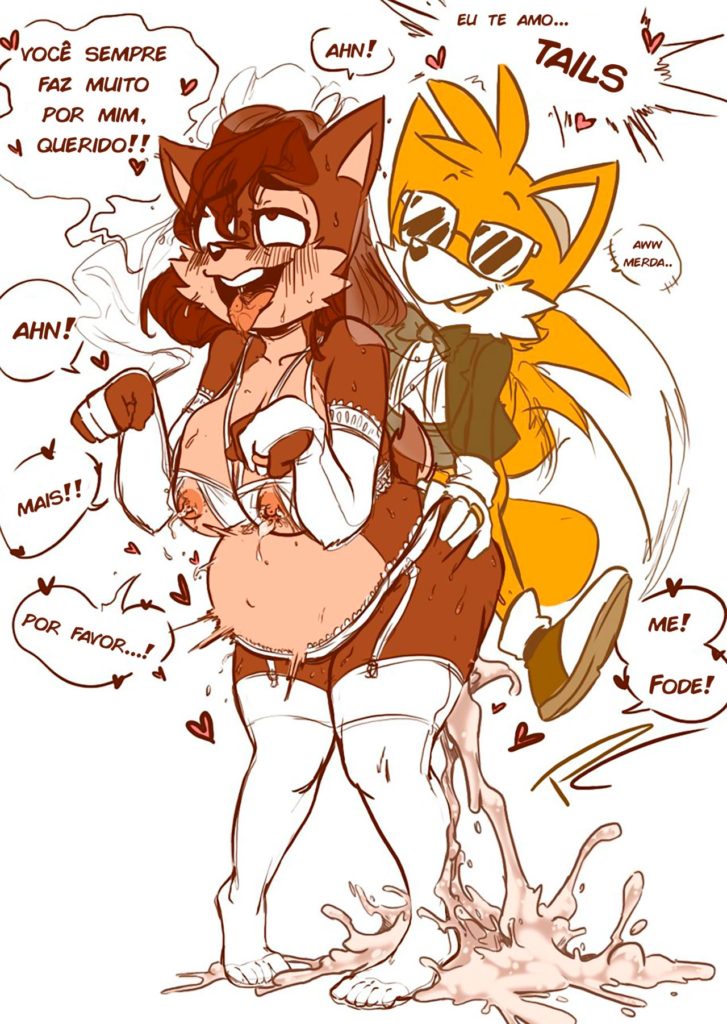 1boy, 1girls, cum, cum inflation, cum inside, cumflation, fakeryway, female, inflation, lactation, male, married, multi tail, older female and younger male, pleasure castle, portuguese text, pregnant, ring, ring (jewelry), sally acorn, smile, sonic (series), sonic the hedgehog (archie), tail, tails, tails the fox, tongue, tongue out