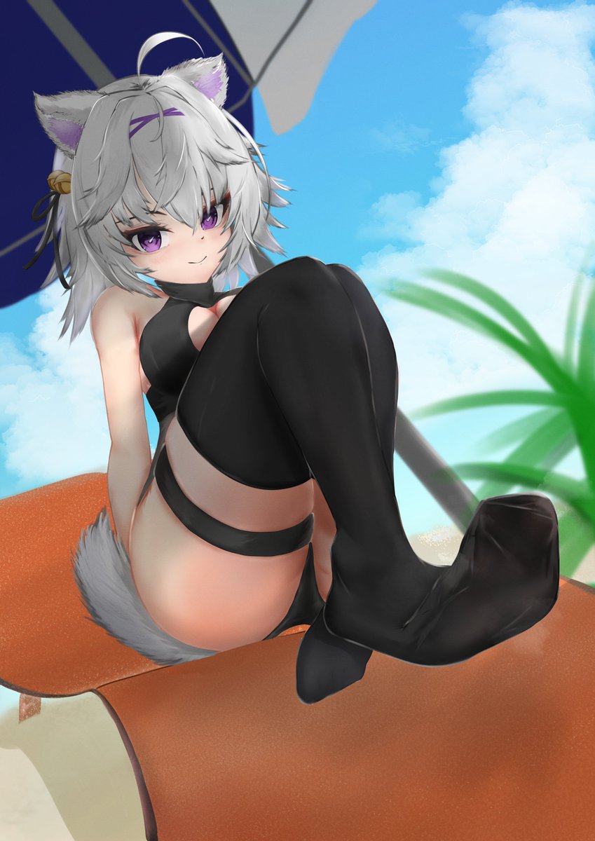 1girls, animal ear fluff, animal ears, beach, boob window, breasts, cat ears, cat girl, cat tail, catgirl, feet, female, filian, filian (vtuber), foot fetish, footwear, hair ornament, indie virtual youtuber, kimuzukasipan2, leg wrap, legs, looking at viewer, medium breasts, purple eyes, rindo (vrchat), short hair, silver hair, sitting, smile, smiling, solo, tail, thighhighs, thighs, virtual youtuber
