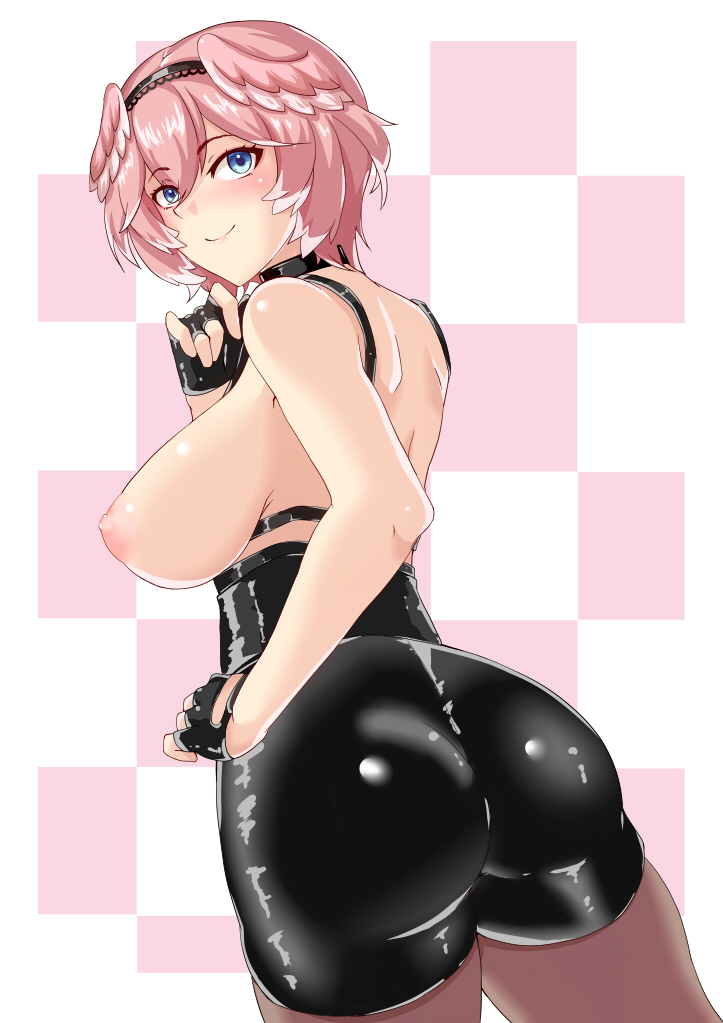 :), 1girls, 2023, alternate version available, areola, ass, bare shoulders, big breasts, blue eyes, blush, breasts, choker, eyebrows visible through hair, eyelashes, female, fingerless gloves, hololive, hololive japan, holox, looking at viewer, looking back, nipples, no bra, pantyhose, pink hair, sakura kani, shorts, sideboob, simple background, smile, standing, takane lui, thighs, topless, virtual youtuber
