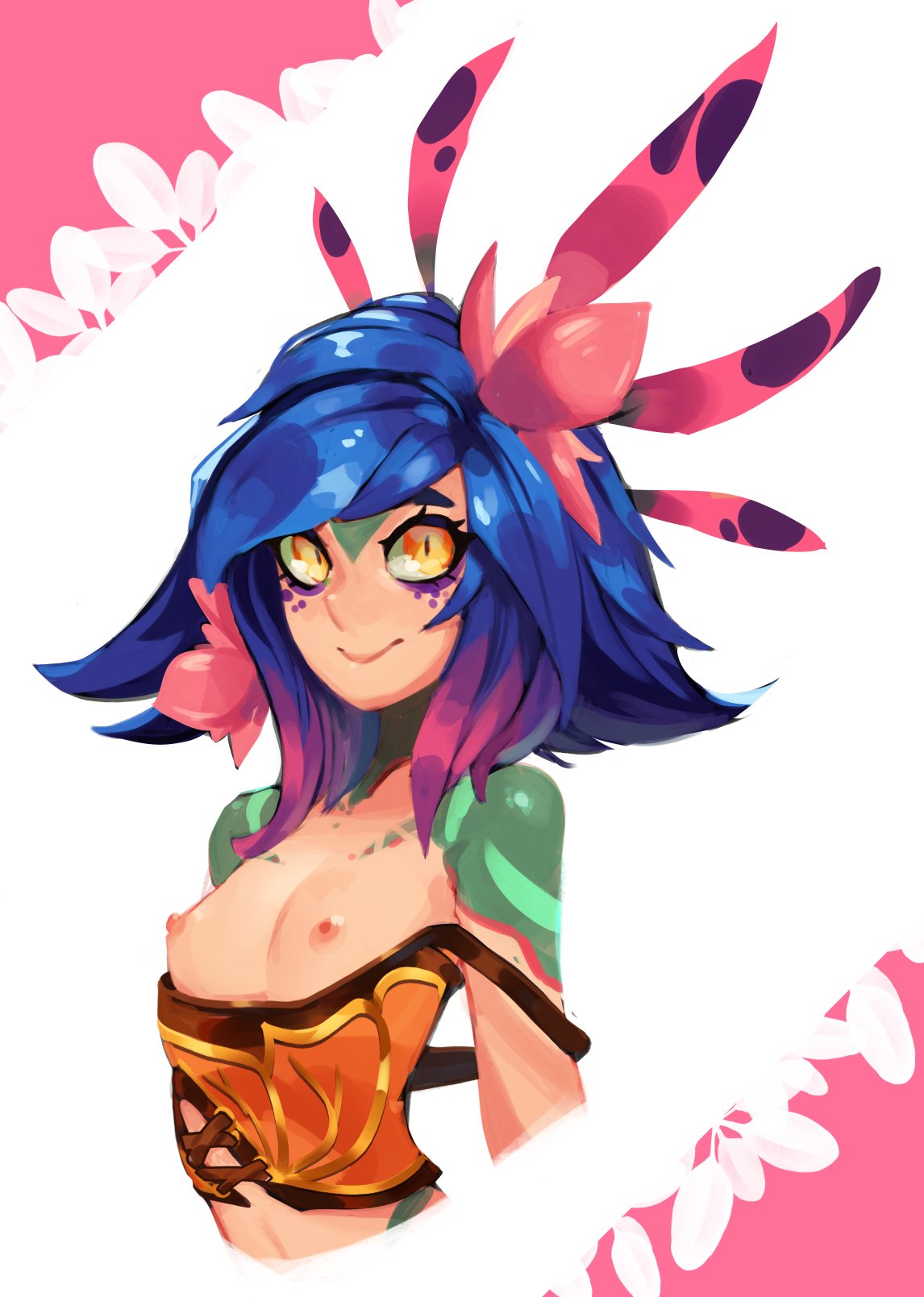 1girls blue_hair breasts flower hair_ornament javehorny league_of_legends looking_at_viewer multicolored_hair neeko nipples partially_clothed presenting purple_hair shirt_down short_hair simple_background small_breasts smile solo standing upper_body yellow_eyes