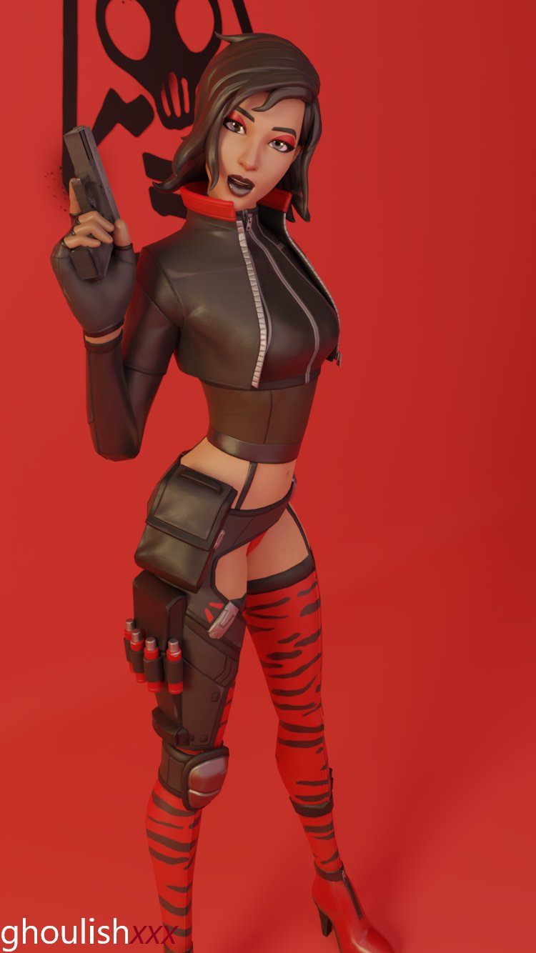 1girls 3d black_hair black_lipstick blender bottomwear clothed clothing female female_focus female_only fortnite ghoulishxxx gloves gun handwear jacket legwear light-skinned_female light_skin lipstick looking_at_viewer panties pose posing red_background red_panties shoes side_view simple_background solo solo_female solo_focus sorana_(fortnite) standing striped_legwear topwear underwear watermark weapon