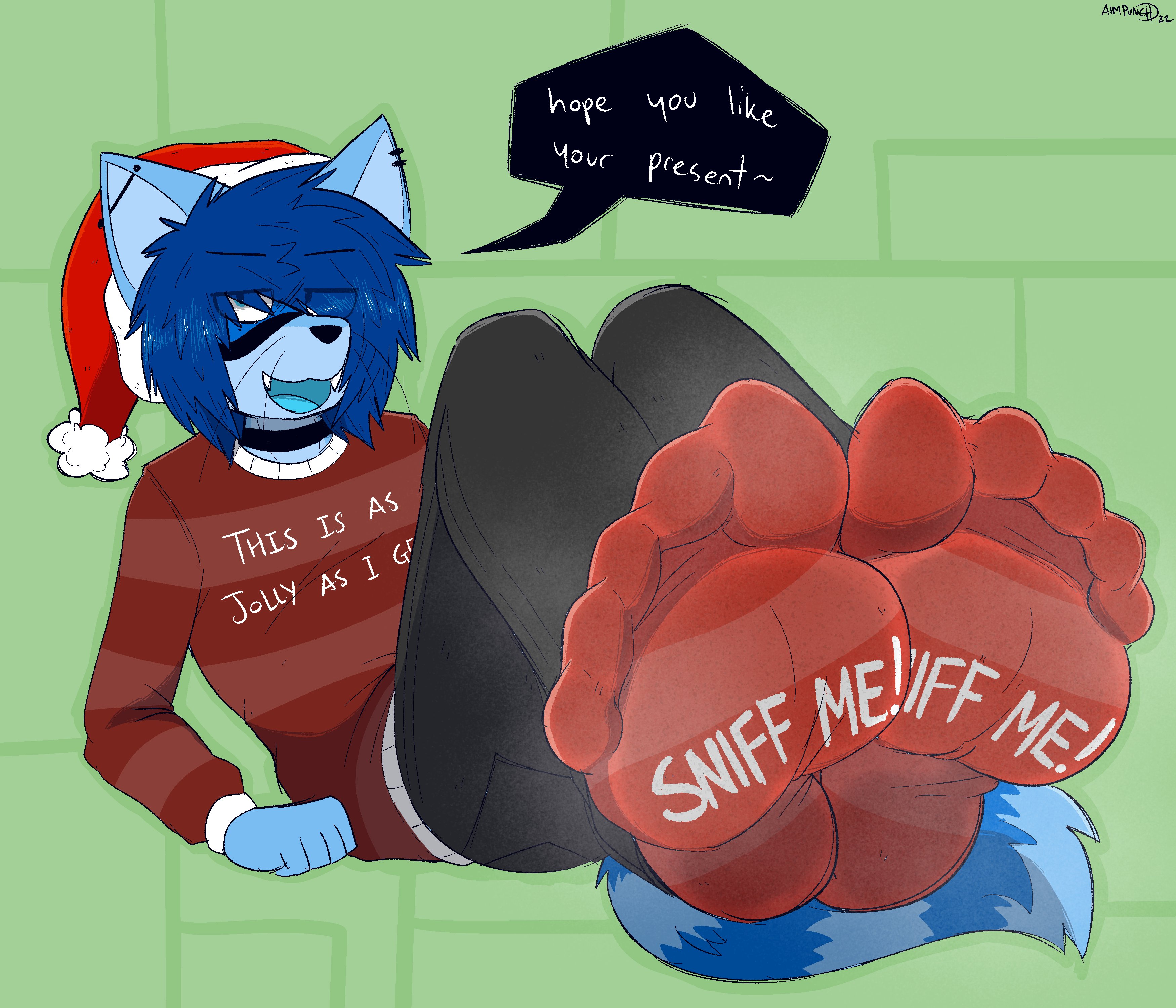 2022, aimpunch, anthro, azura (aimpunch), blue body, blue fur, bottomwear, choker, christmas, christmas clothing, christmas headwear, clothing, dialogue, digital drawing (artwork), digital media (artwork), emo hair, emo haircut, eye through hair, eyebrow through hair, eyebrows, fangs, feet, foot fetish, foot focus, footwear, fur, girly, green background, hair, hat, headgear, headwear, hi res, holidays, humanoid feet, humor, jewelry, lying, male, mammal, necklace, on back, open mouth, pants, piercing, plantigrade, procyonid, raccoon, santa hat, simple background, smelly, smelly feet, socks, solo, sweater, teeth, text, topwear, translucent, translucent hair, watermark