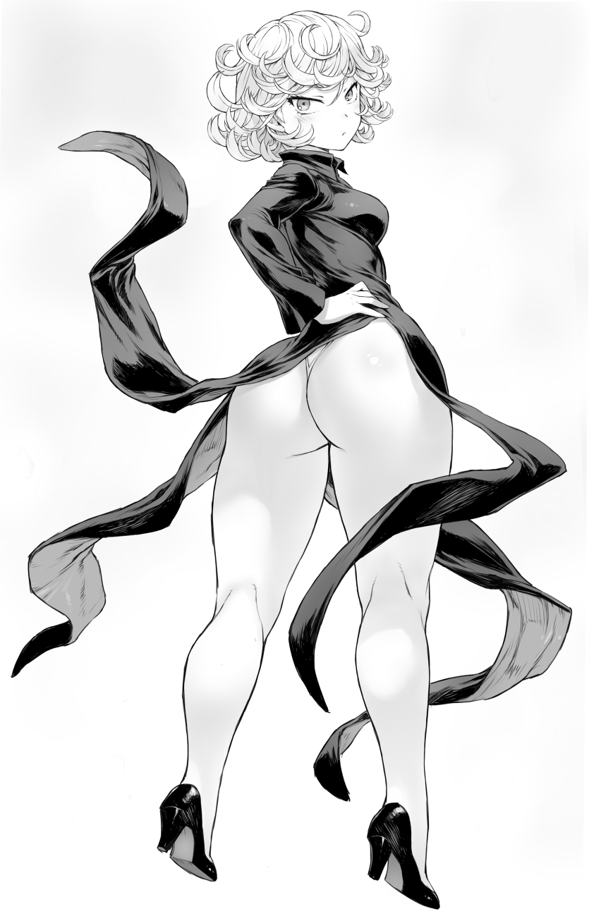 1girls, ass, breasts, female, female only, greyscale, mogudan, monochrome, one-punch man, short hair, small breasts, solo, tatsumaki, thick thighs, thighs, wide hips