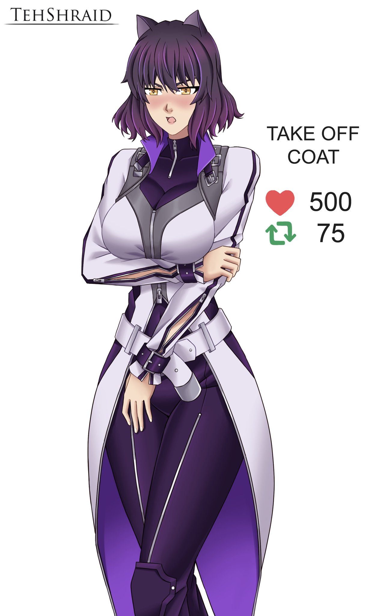 1girls, alternate breast size, belt, black hair, blake belladonna, blush, bob cut, breasts, catsuit, color, embarrassed, female, fully clothed, fully clothed female, heart icon, holding arm, imminent stripping, large breasts, official alternate costume, official alternate hairstyle, purple hair, purple pants, retweet icon, rooster teeth, rwby, short hair, shy, strip game, tagme, tehshraid, white background, white jacket, yellow eyes, zipper