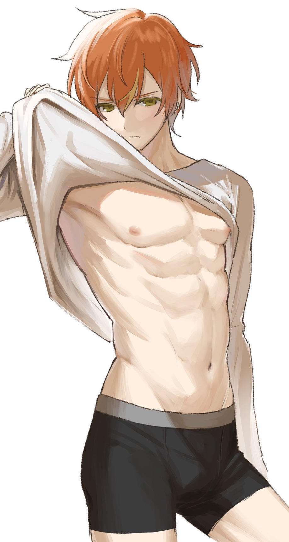 1boy, abs, artist request, blush, boner, boner in pants, boxers, bulge, bulge through clothing, ear piercing, green eyes, lifting shirt, light skin, light-skinned male, male, male focus, male only, muscles, muscular, muscular male, nipples, orange hair, pink nipples, project sekai, shinonome akito, shirt lift, tagme, tsundere, underwear