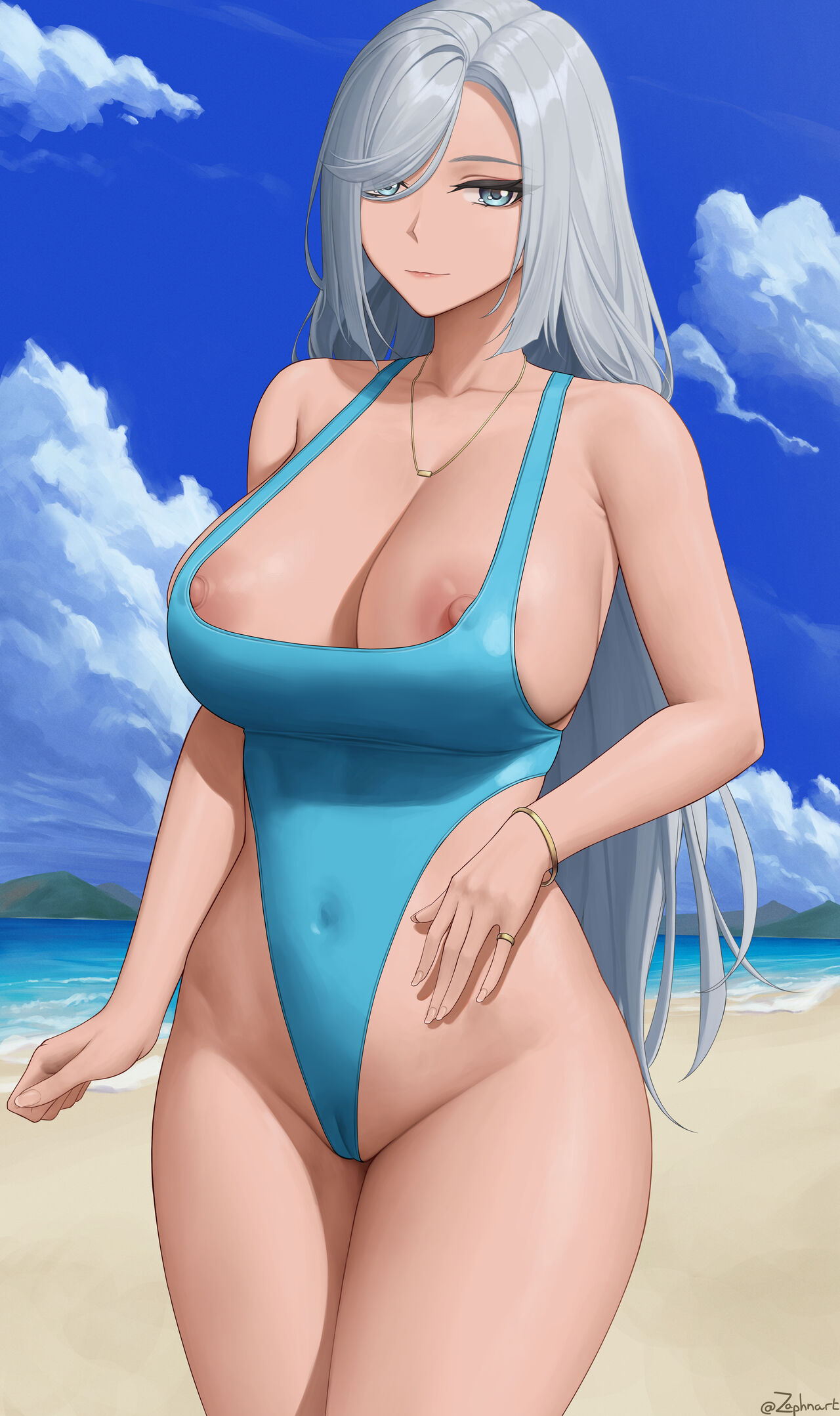 1girls, beach, big breasts, blue eyes, bracelet, breasts, female, female focus, female only, genshin impact, huge breasts, nipples, one-piece swimsuit, ring, shenhe (genshin impact), swimsuit, white hair, zaphn