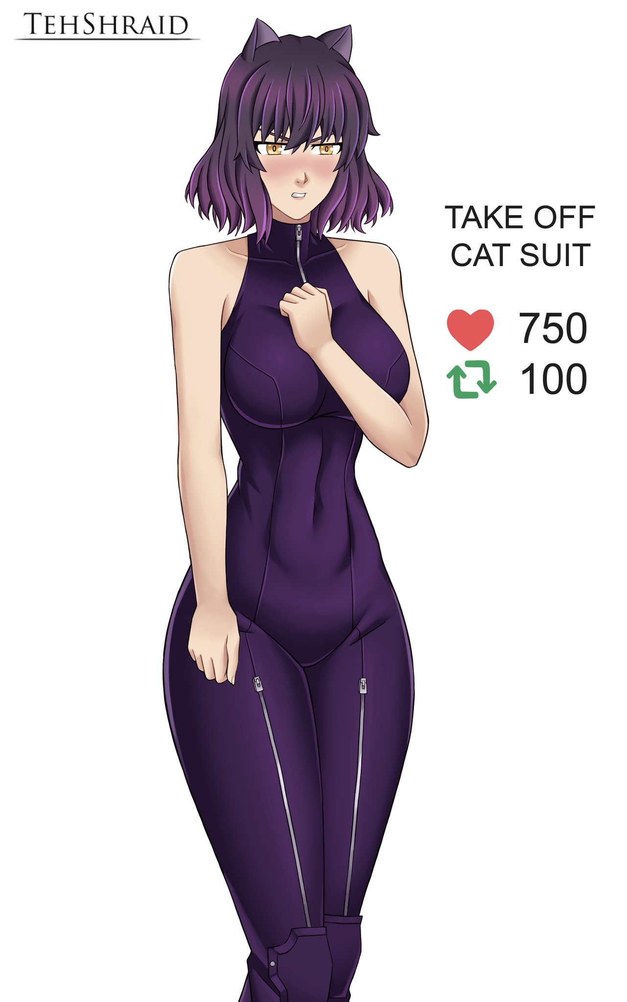 1girls alternate_breast_size bare_arms bare_shoulders belly_button black_hair blake_belladonna blush bob_cut catsuit color embarrassed exposed_shoulders female female_focus female_only heart_icon imminent_stripping large_breasts legs_together navel purple_hair retweet_icon rooster_teeth rwby short_hair solo_female strip_game tagme tehshraid thick_thighs thighs tight_clothing white_background yellow_eyes zipper