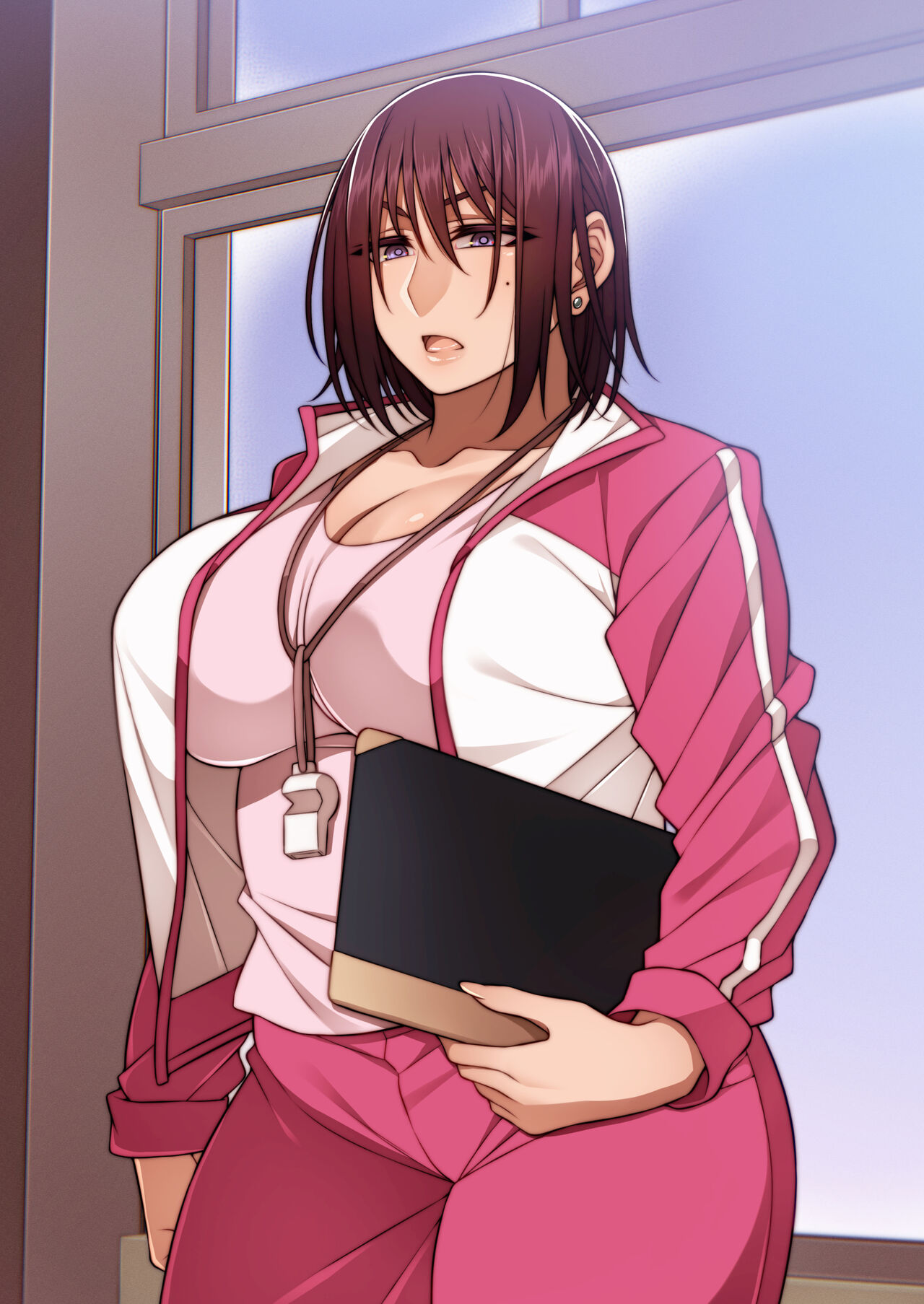 breasts, cleavage, coach, female, gym shorts, huge breasts, korotsuke, looking at viewer, naomi tokunaga, teacher, the creepy glasses girl, thick thighs
