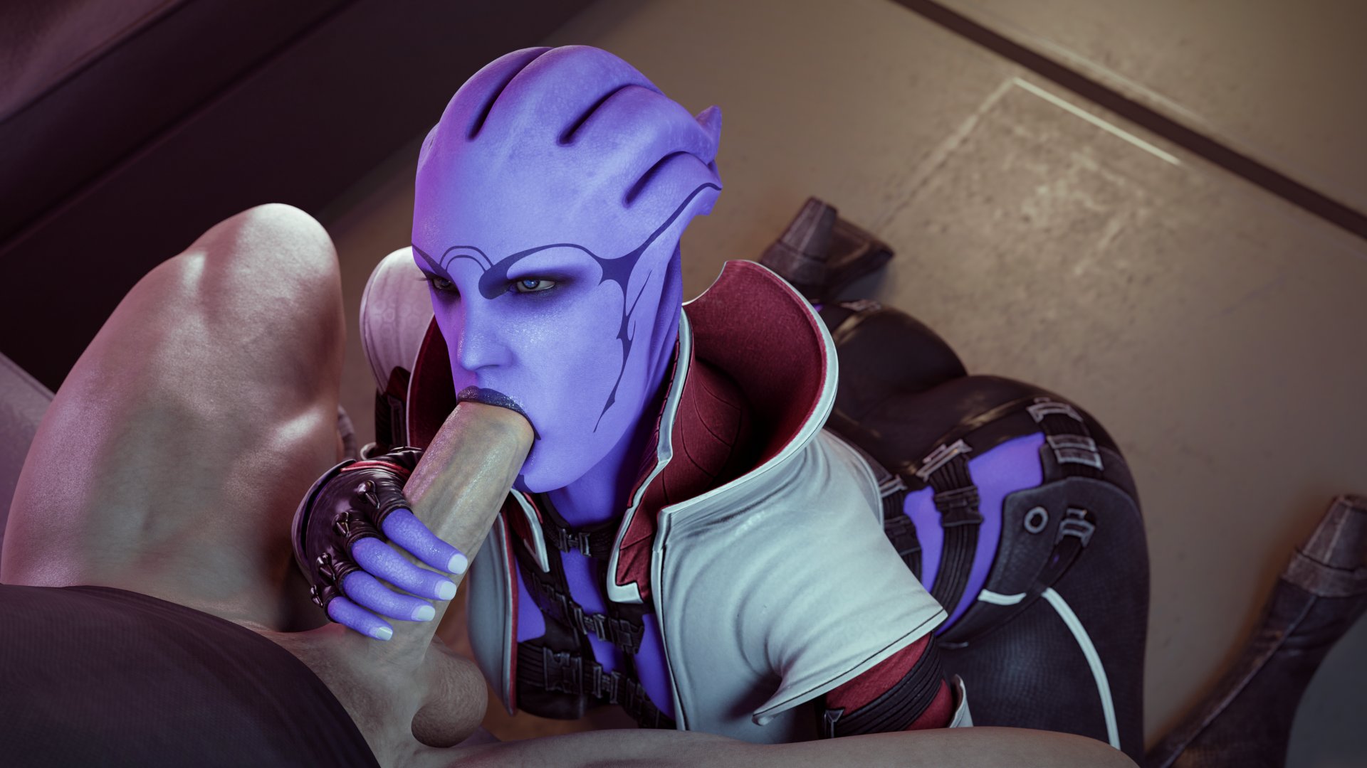 1boy, 1girls, 3d, alien, alien girl, aria t'loak, asari, ass, athletic, athletic female, bluelight, clothed female, clothed sex, commander shepard, fellatio, female, handjob, human, human penetrating, interspecies, kneeling, kneeling blowjob, kneeling female, kneeling oral position, light skin, light-skinned male, looking at partner, male, male human/female alien, maleshep, mass effect, older female, oral, partial male, partially clothed, sex, sitting on couch, straight