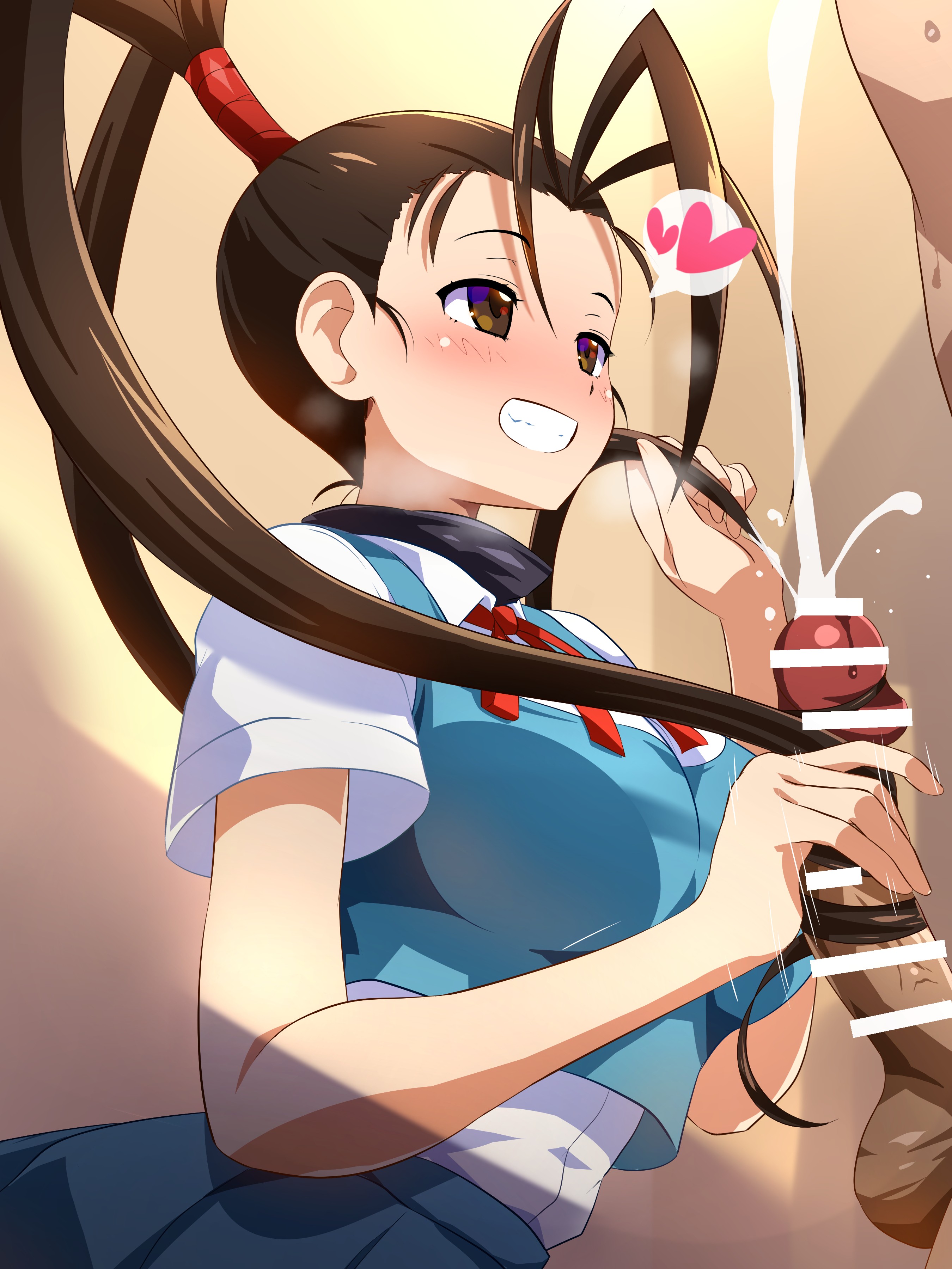 1boy, 1girls, big breasts, big penis, breasts, brown eyes, busty, capcom, censored, cum, ejaculation, female, grin, hairjob, handjob, heart, ibuki (street fighter), konpeto, large breasts, male, naughty face, orgasm, penis, pointless censoring, school uniform, smile, straight hair, street fighter, street fighter iii, street fighter iii (series), street fighter iii: 3rd strike, very long hair