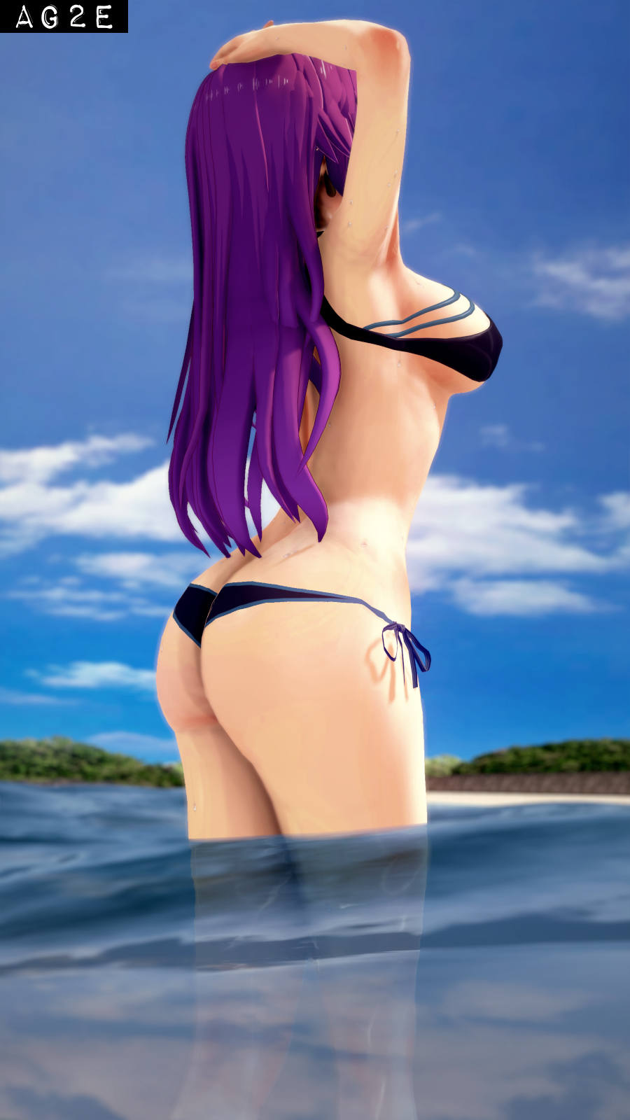 1girls 3d ag2e alternate_costume armpits arms_up ass ass_cleavage back back_view bare_back bare_thighs big_ass bikini black_bikini black_swimsuit breasts brunnya_(fire_emblem) butt_crack earrings female female_only fire_emblem fire_emblem:_the_binding_blade large_breasts long_hair nintendo ocean outdoors purple_hair sideboob solo swimsuit thighs underboob water wet