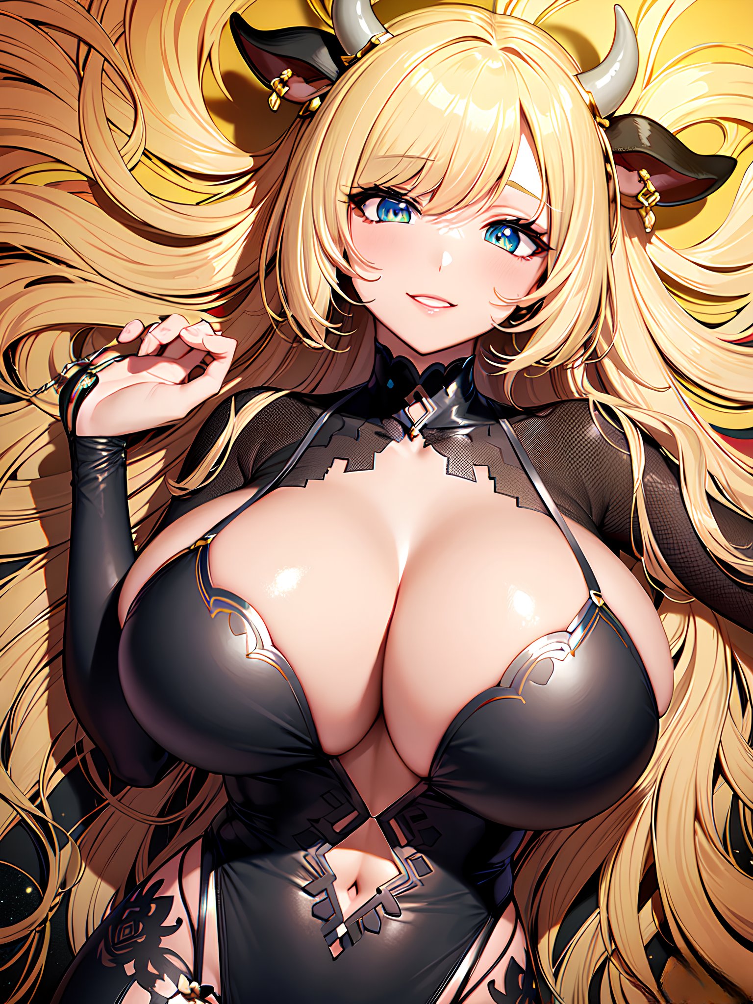 1girls, 2023, ai generated, anime nose, breasts, cow ears, cow girl, cow horns, cow print, female, female only, hi res, high resolution, horned female, horned humanoid, horns, huge breasts, latex, leotard, light skin, light-skinned female, lingerie, long hair, stable diffusion, voluptuous, voluptuous female, yellow hair