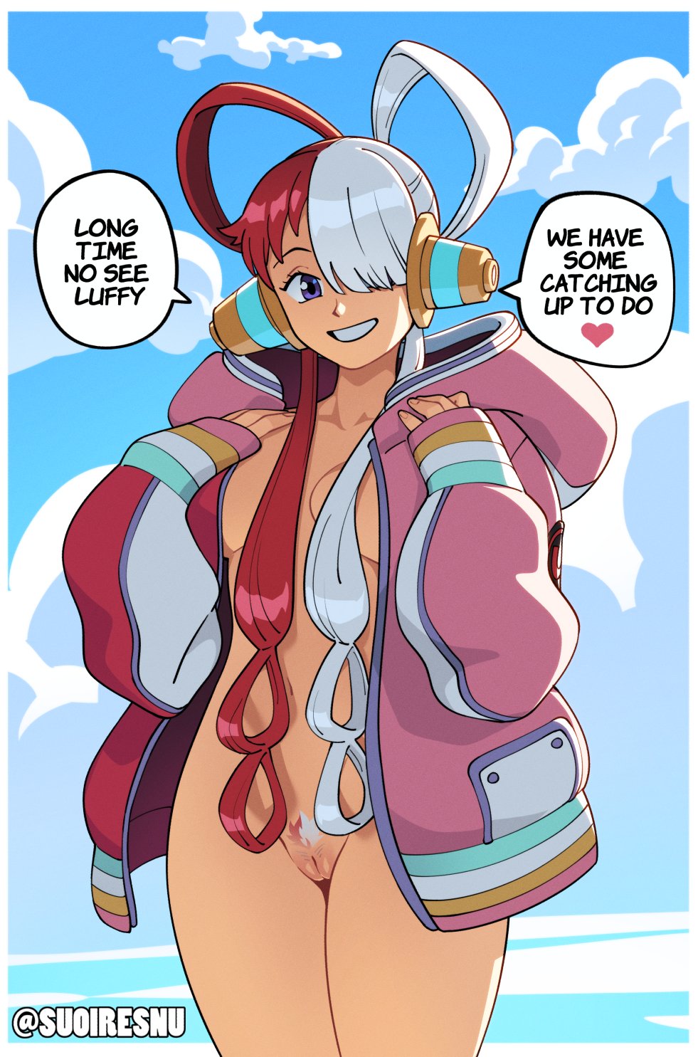 1girls, ass, asshole, clothing, english text, female, female focus, female only, female pubic hair, imminent sex, long hair, monkey d luffy, one piece, pubic hair, pussy, red hair, red-haired female, standing, suoiresnu, text, two-tone hair, uta (one piece), white hair, white-haired female