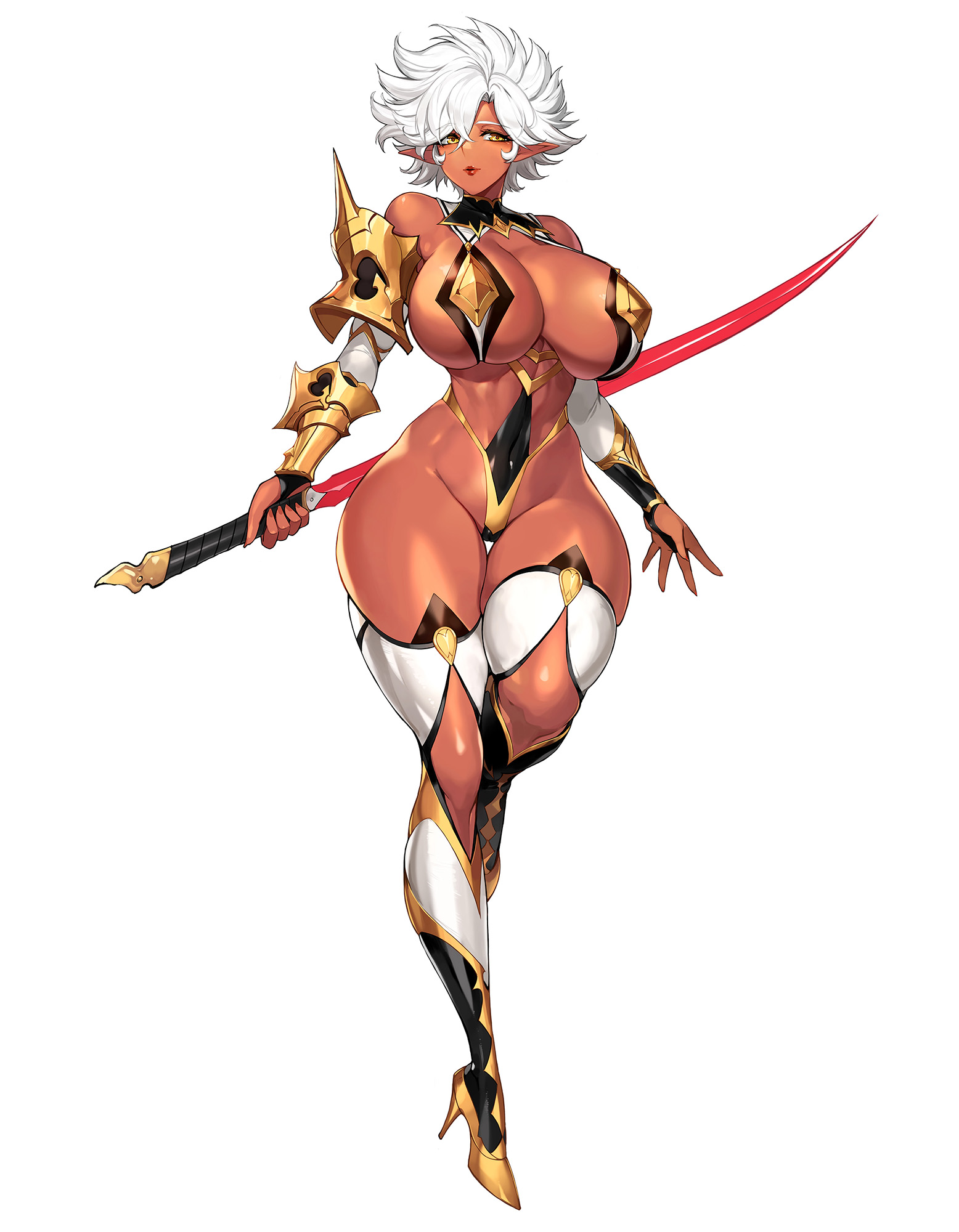 bikini armor, breasts, dark elf, dark skin, dark-skinned female, female, gurimjang, high heels, huge breasts, lipstick, original, original character, plump, pointy ears, short hair, silver hair, skimpy, thick thighs, thighhighs, weapon, white background, wide hips, yellow eyes
