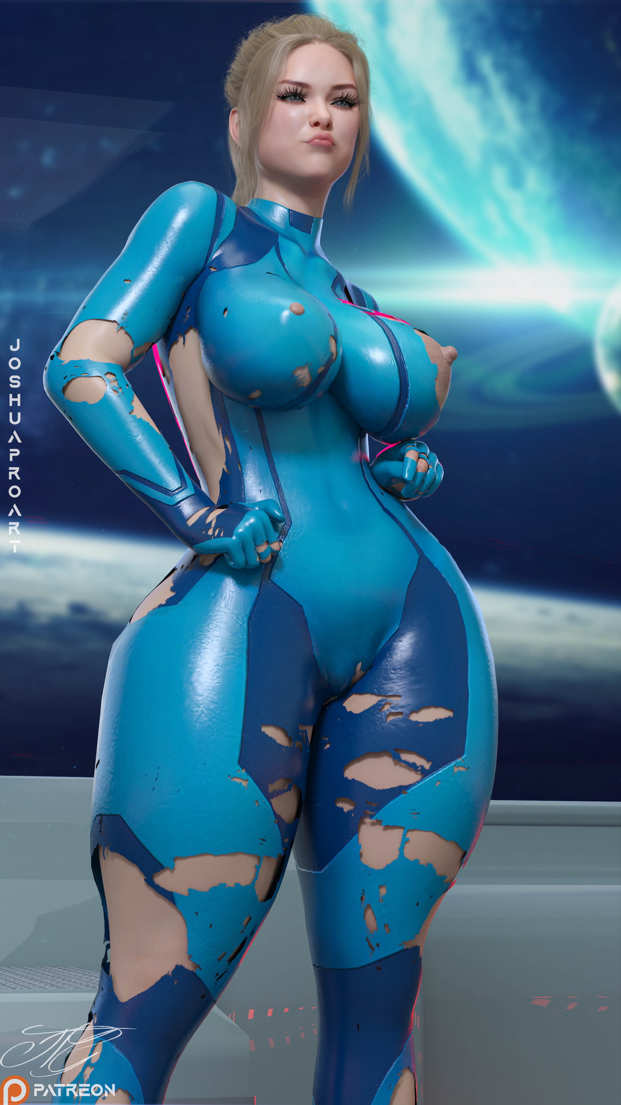 3d, 3d (artwork), 3dx, ass, big ass, big breasts, big butt, big lips, bimbo, blender, blonde hair, blue eyes, breasts, daz studio, female, female only, joshuaproart, metroid, ripped bodysuit, ripped clothing, samus aran, solo, solo female, thick ass, thick legs, thick lips, thick thighs