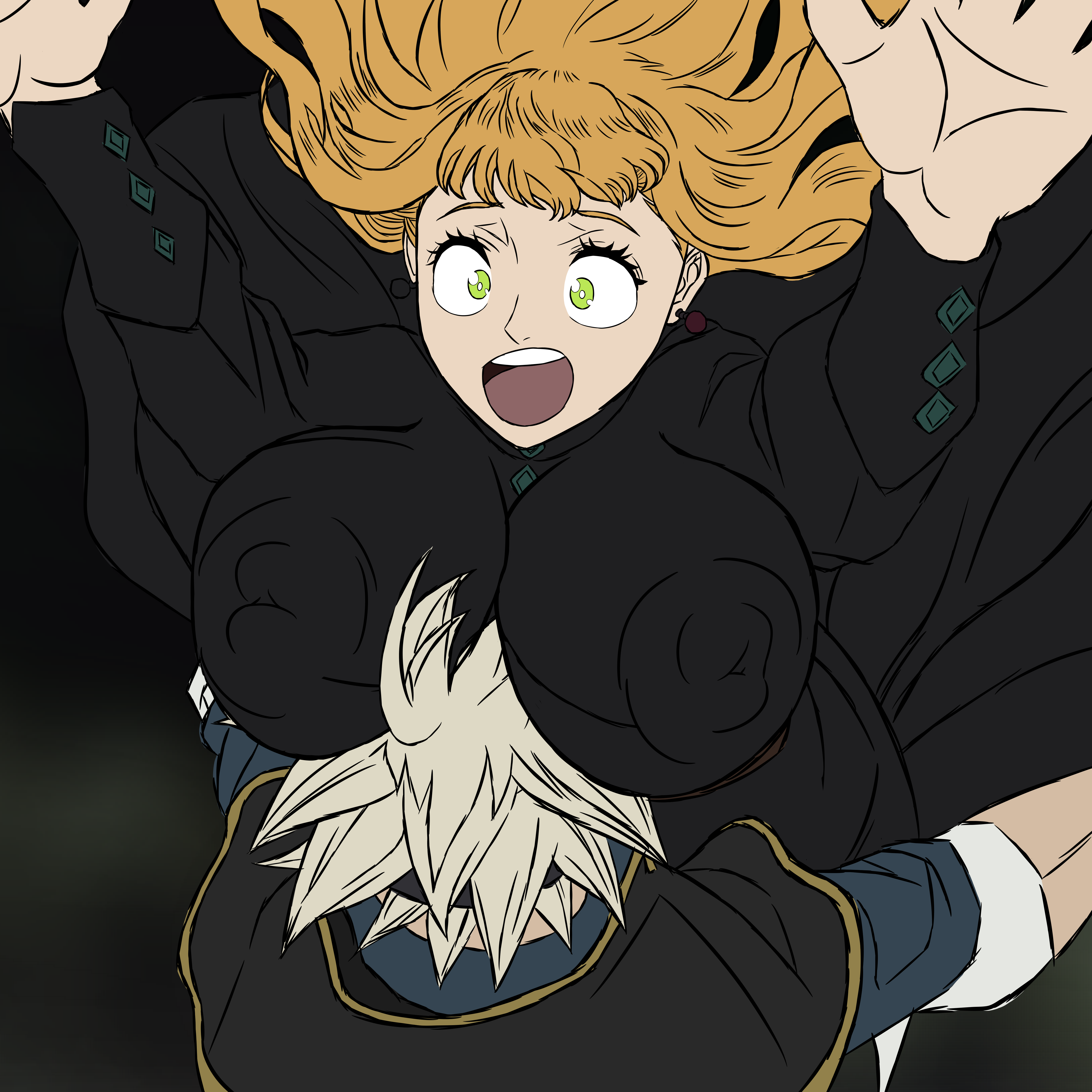 arms up, ass, asta (black clover), bangs, big areola, big arms, big ass, big breasts, big nipples, black clover, black dress, blonde female, blonde hair, blonde-haired female, blue shirt, breasts, breasts bigger than head, curvy, curvy body, curvy female, curvy figure, face between breasts, face in breasts, falling, female, green eyes, grey hair, hands up, hips, hips wider than shoulders, huge breasts, large breasts, light skin, male, mimosa vermillion, muscles, muscular, nipples visible through clothing, on top, open mouth, popstepx, smaller female, smaller male, surprise, surprised, surprised expression, thick hips, thick legs, thick thighs, thighs, voluptuous, voluptuous female, wavy hair, wide hips, wide thighs