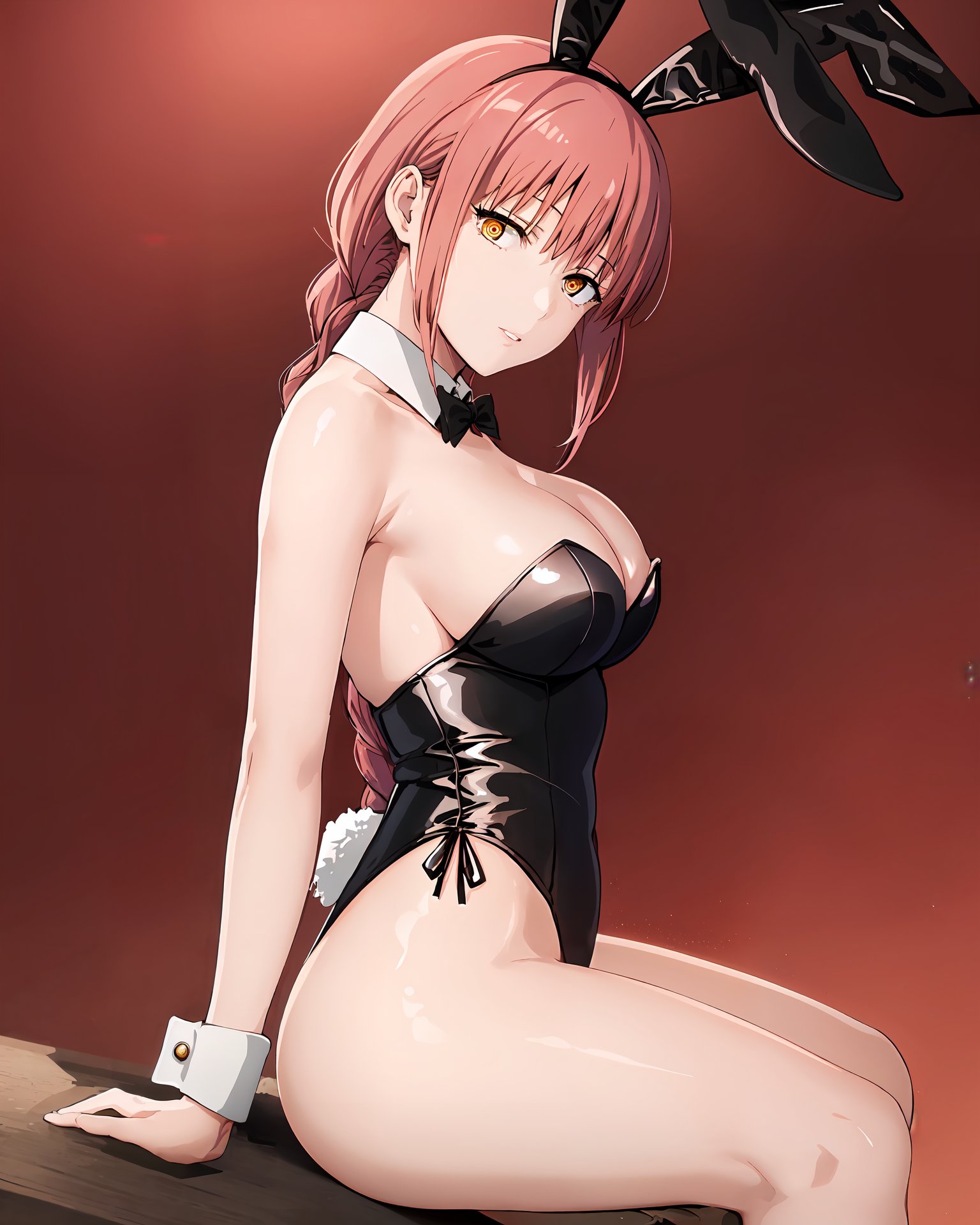 1girls, ai generated, breasts, bunny ears, bunny tail, bunnysuit, chainsaw man, female, makima (chainsaw man), red hair, sitting