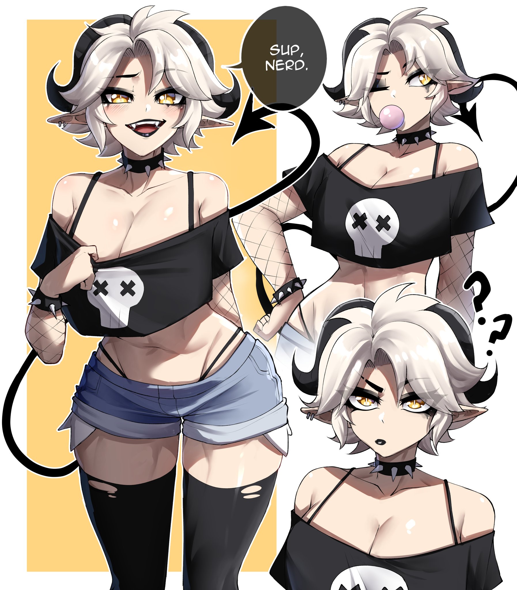??, 1girls, bubble gum, cleavage, collar, english text, fangs, female, female only, goth, goth girl, hairclips, horns, light skin, light-skinned female, original, pointy chin, pointy ears, rageman709, shorts, solo, speech bubble, spiked collar, susan (rageman), tail, tank top, teasing, text, yellow eyes