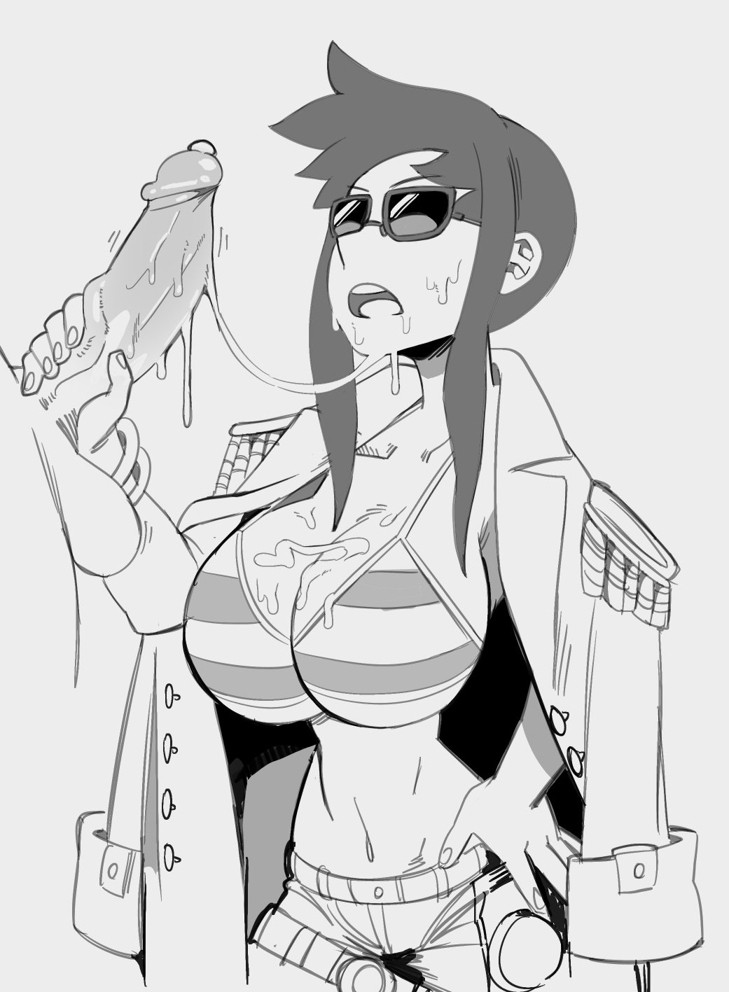 big breasts, breasts, cum, female, midriff, ragingbarbarians, sunglasses, tinted eyewear