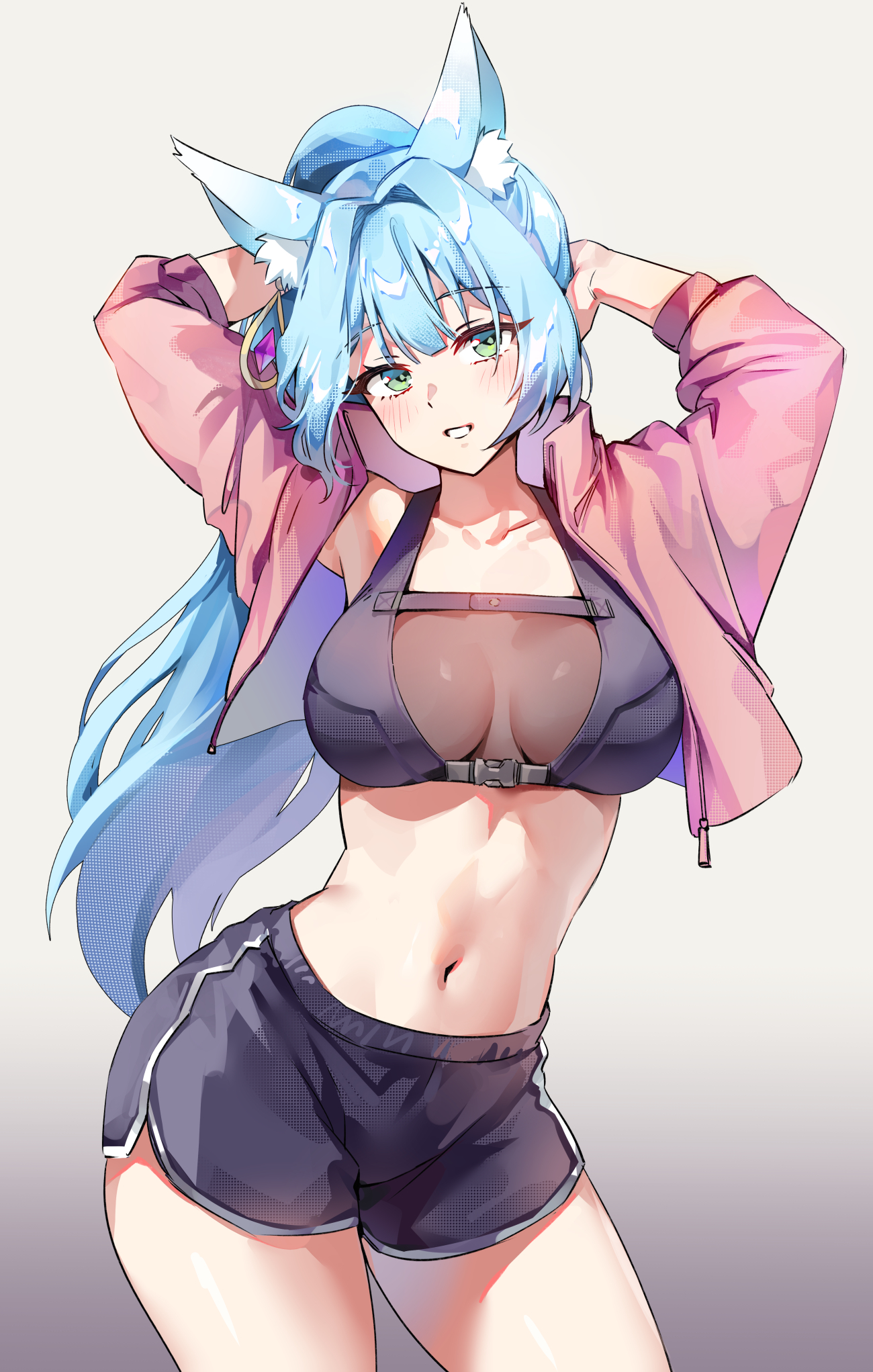 1girls, blue hair, booty shorts, breasts, crop top, dolphin shorts, female, fox ears, fox girl, foxy rain (foxyreine), foxyrain (foxyreine), foxyreine, green eyes, huge breasts, kitsune, large breasts, light skin, light-skinned female, long hair, long ponytail, original, original character, ponytail, short shorts, shorts, sister reine (foxyrain), smile, sportswear