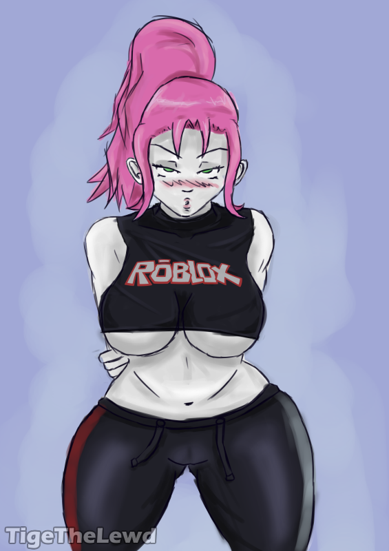 1girls belly_button big_breasts blush croptop exposed_shoulders female green_eyes guest_(roblox) guest_224 hands_behind_back pink_hair roblox robloxian tagme thick_thighs tigethelewd underboob