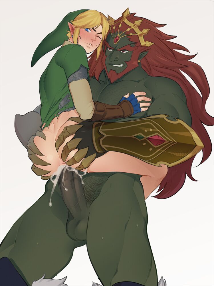 ass ass_grab beard blonde_hair blue_eyes blush blush_lines blushing chest_hair clawed_fingers clawed_gauntlets clawed_gloves clawed_hands cum cum_drip cum_dripping_from_ass cum_in_ass cum_inside earrings excessive_cum femboy fingerless_gloves ganondorf ganondorf_(hyrule_warriors) gauntlet gauntlets gay gay_anal gay_sex giant_penis green_skin holding_ass hooked_nose hylian hylian_ears hyrule_warriors kukumomo large_penis larger_male link link_(hyrule_warriors) long_hair long_hair_male looking_at_viewer looking_back one_eye_closed pointy_ears pretty_boy pubic_hair red_eyes red_hair ripped_clothes ripped_clothing size_difference smirk the_legend_of_zelda twink yaoi