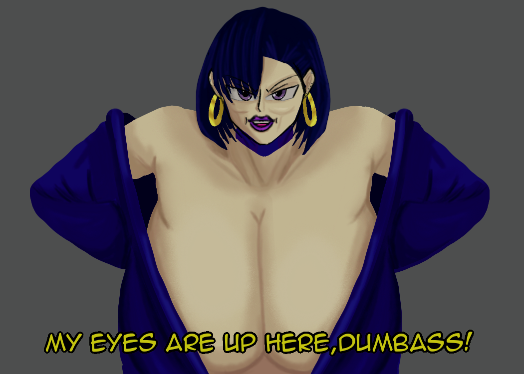 alkaline6022 annoyed annoyed_expression blue_robe bursting_breasts dark_blue_hair degradation ear_piercing exposed_torso gigantic_breasts goth goth_girl hoop_earrings huge_breasts lei_(coloredyiddies) name_calling purple_eyes simple_background tsundere